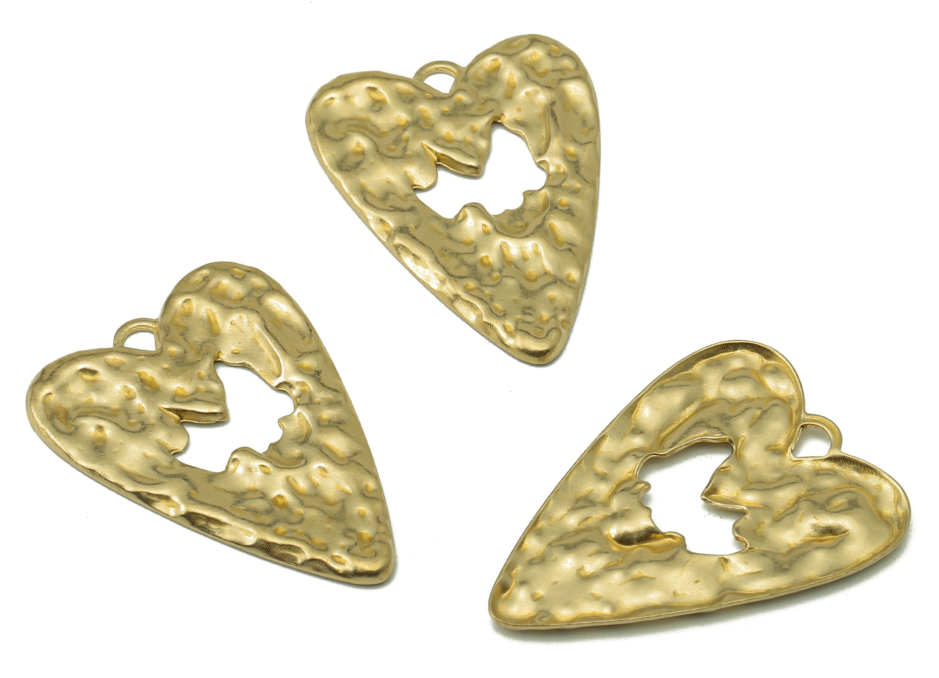 Brass Hammered Heart Earring Charms - Heart Raw Brass Cutout Pendant With Loop - Heart Charms - For Necklace - 27.81x19.98x1.16mm - PP8203 - DOMEDBAZAAR