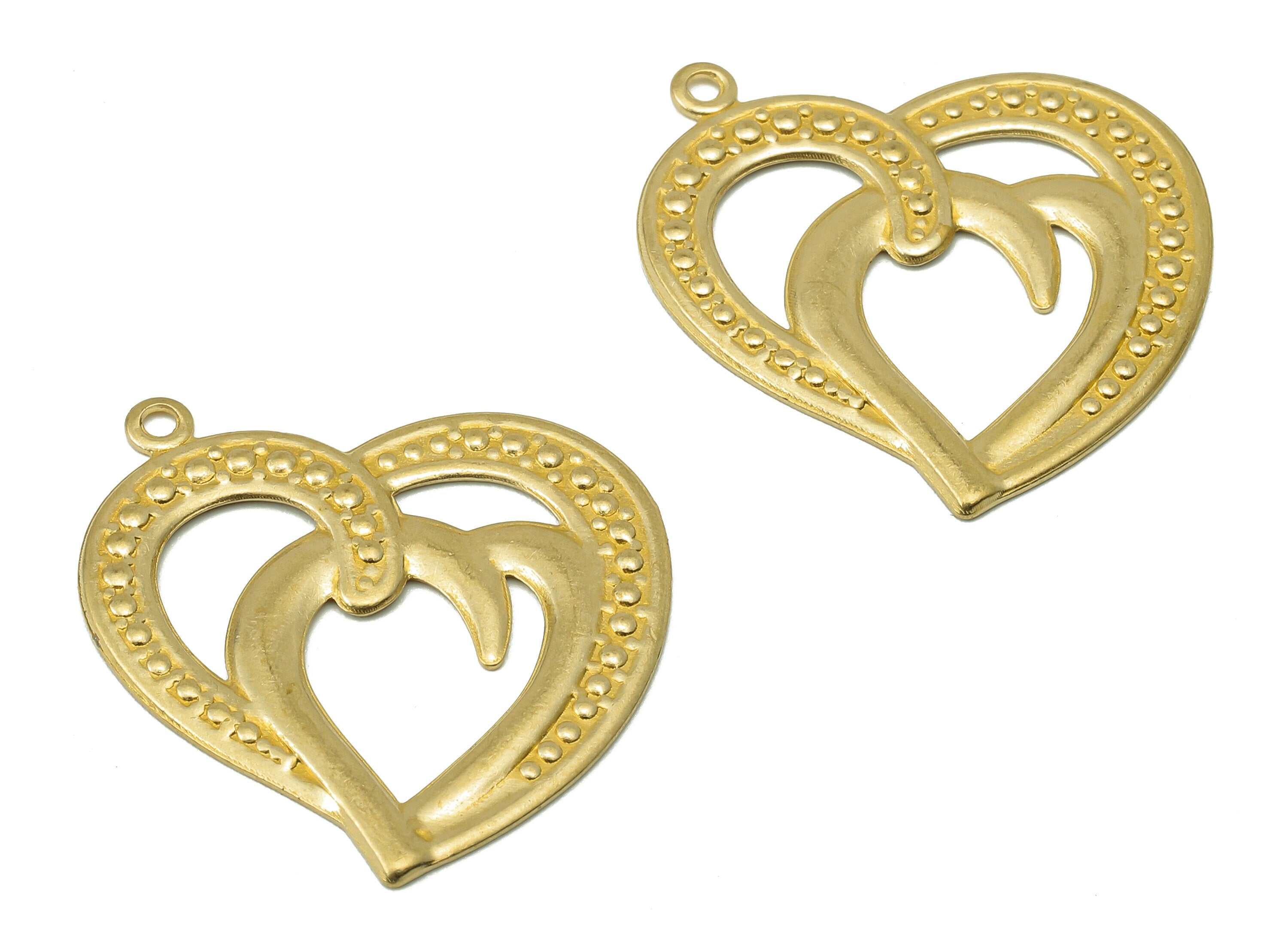 Brass Double Heart Earring Charms - Raw Brass Heart To Heart Pendant With Loop - Cutout Heart Charm - For Necklace - 28x25.29x1.1mm - PP8204 - DOMEDBAZAAR