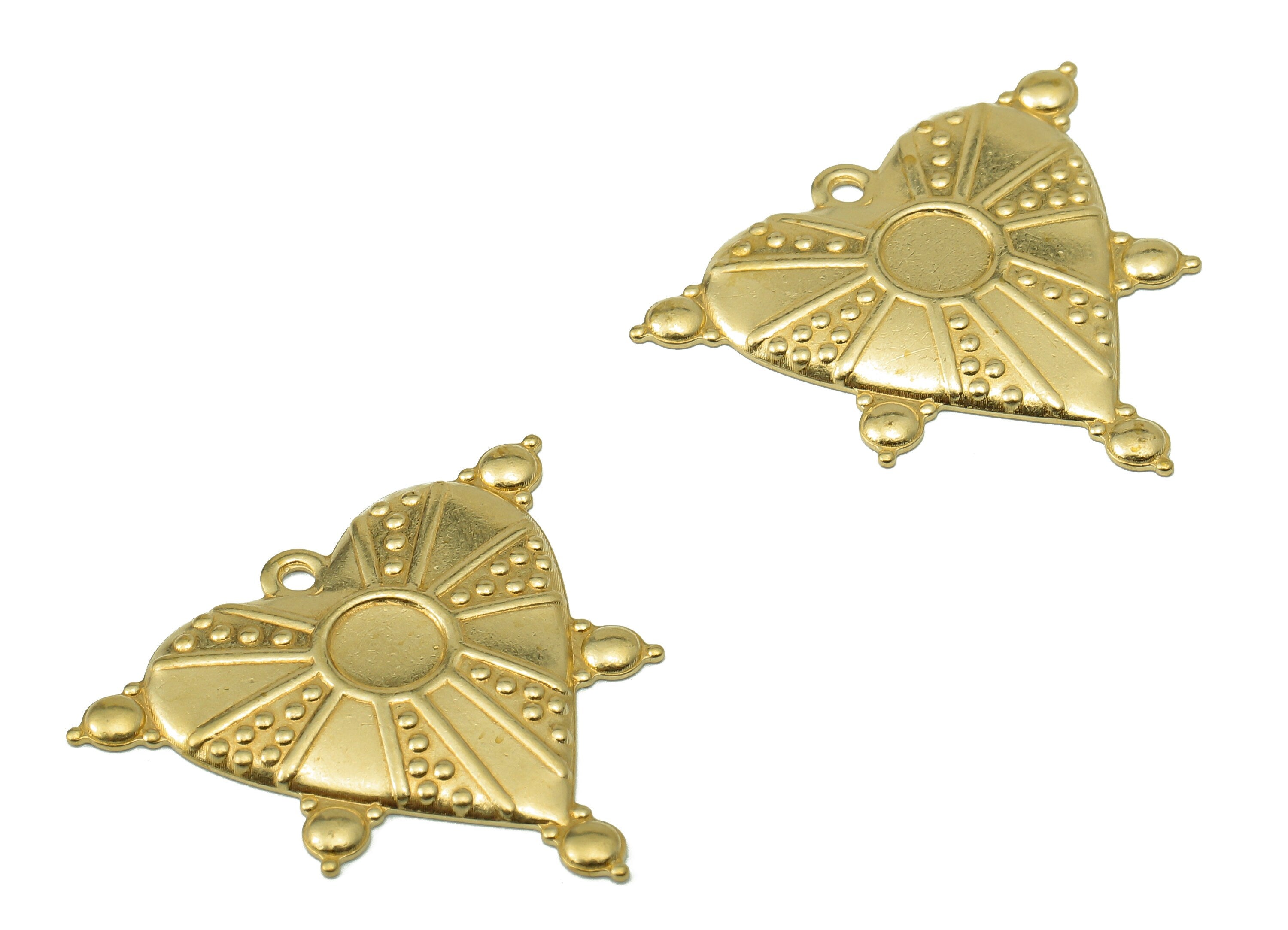 Brass Heart Earring Charms - Heart Raw Brass Round Dots Pendant With Loop - Heart Charms - For Necklace - 26.06x29.25x0.93mm - PP8205 - DOMEDBAZAAR