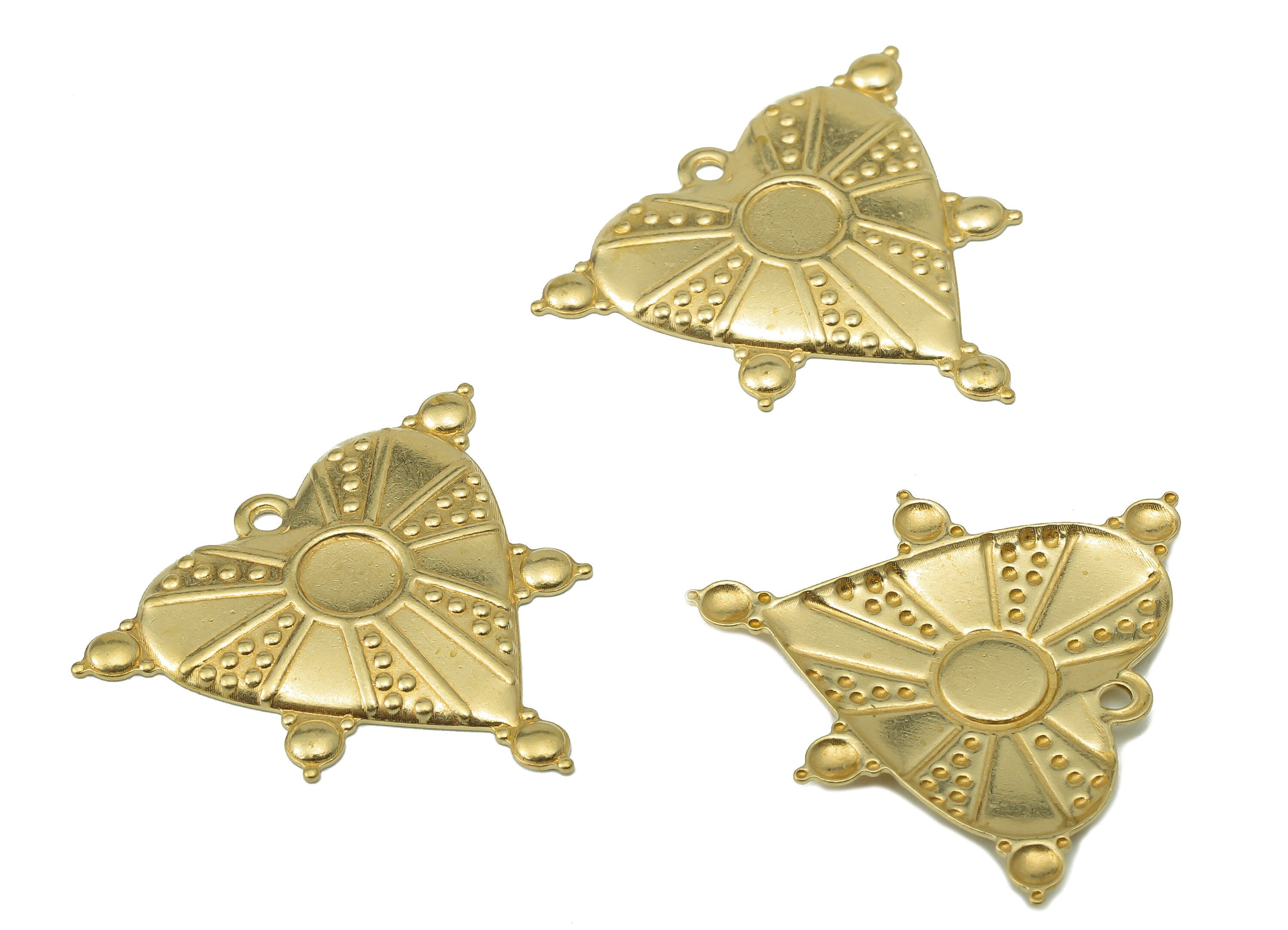 Brass Heart Earring Charms - Heart Raw Brass Round Dots Pendant With Loop - Heart Charms - For Necklace - 26.06x29.25x0.93mm - PP8205 - DOMEDBAZAAR