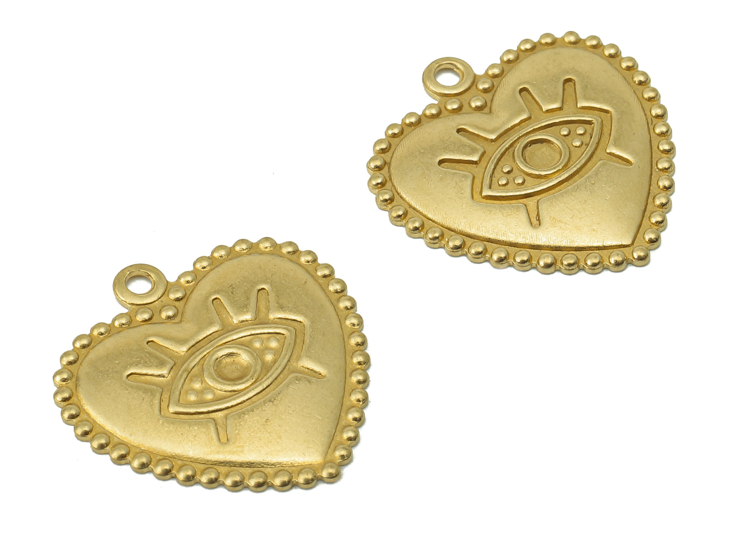 Brass Heart Earring Charms - Heart Raw Brass Eye Pendant With Loop - Round Dots Heart Charms - For Necklace - 19.23x18.7x0.97mm - PP8210 - DOMEDBAZAAR