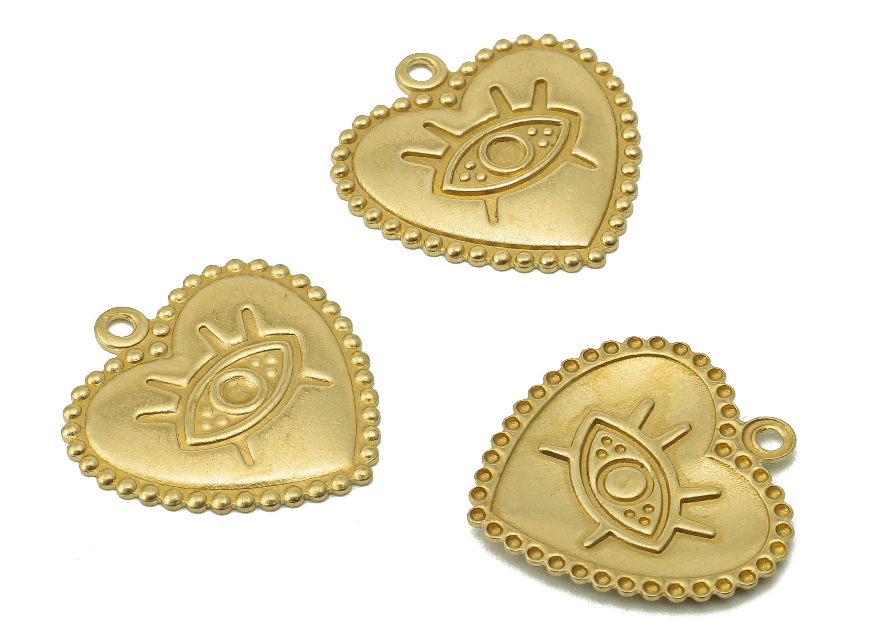 Brass Heart Earring Charms - Heart Raw Brass Eye Pendant With Loop - Round Dots Heart Charms - For Necklace - 19.23x18.7x0.97mm - PP8210 - DOMEDBAZAAR