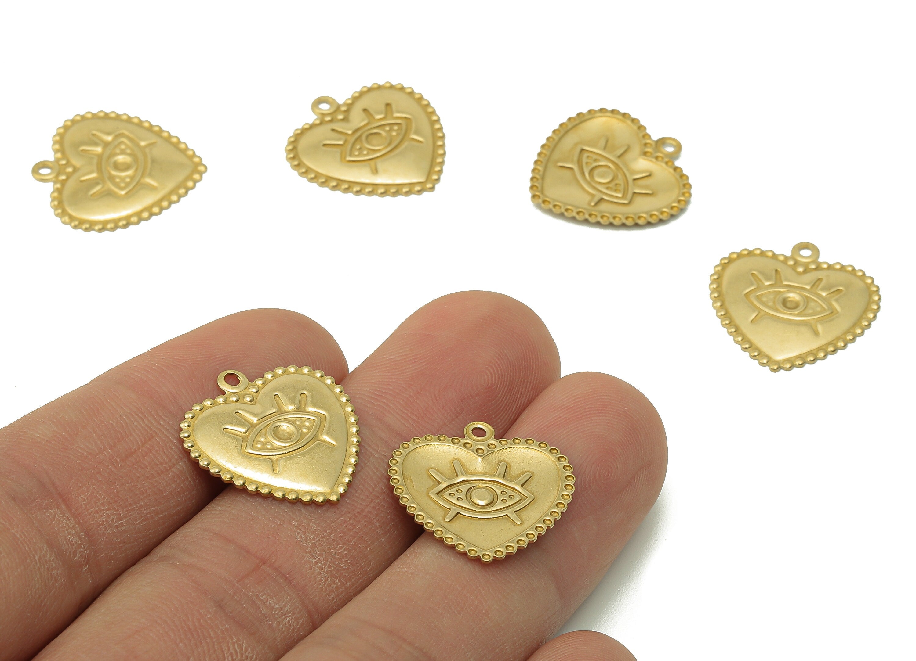 Brass Heart Earring Charms - Heart Raw Brass Eye Pendant With Loop - Round Dots Heart Charms - For Necklace - 19.23x18.7x0.97mm - PP8210 - DOMEDBAZAAR