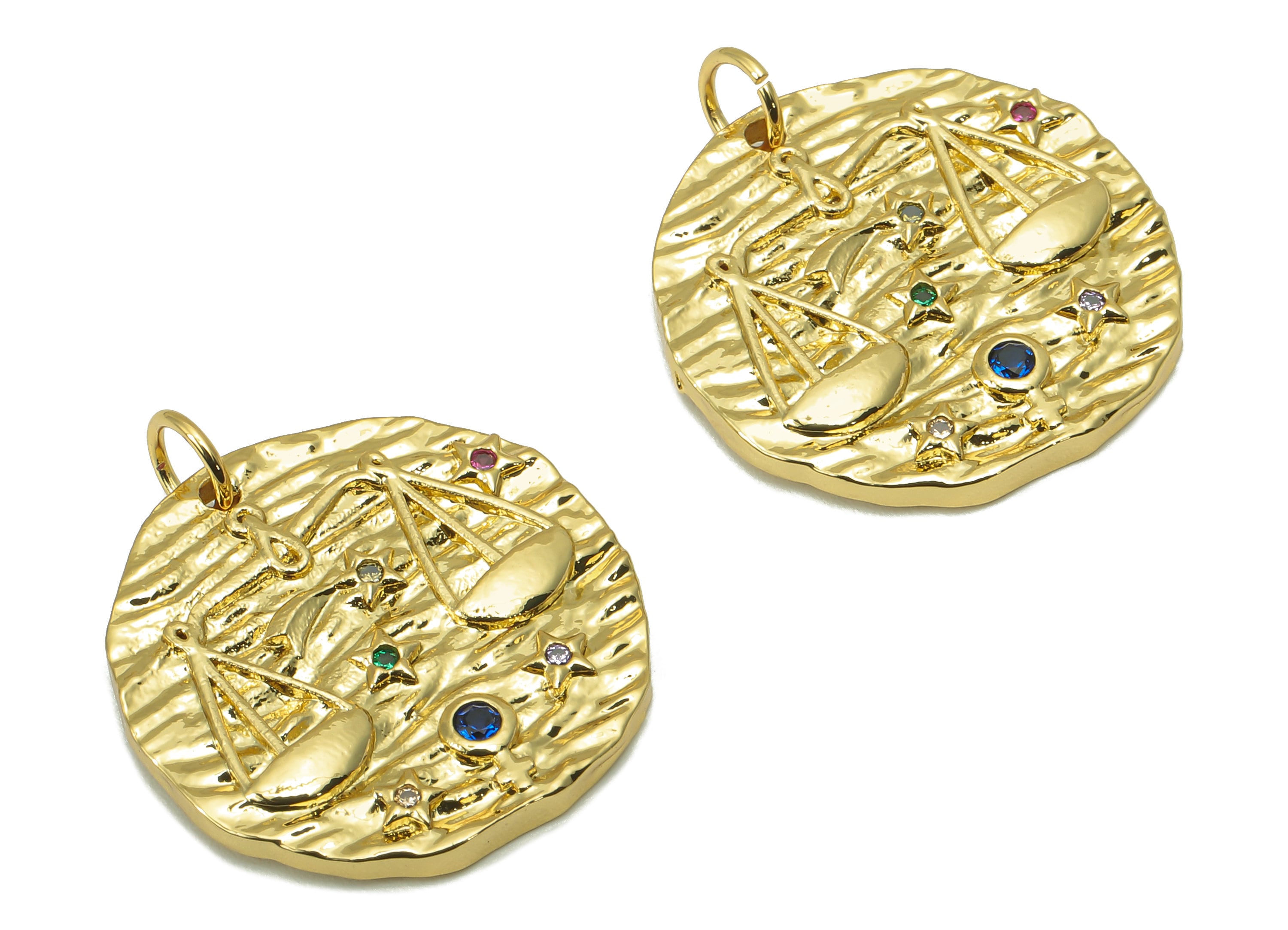 Brass Horoscope Round Charm - CZ Libra Earring Charm - Zodiac Necklace Pendant With Loop - 18K Real Gold Plating - 24.1x21x2mm - RGP5815A - DOMEDBAZAAR