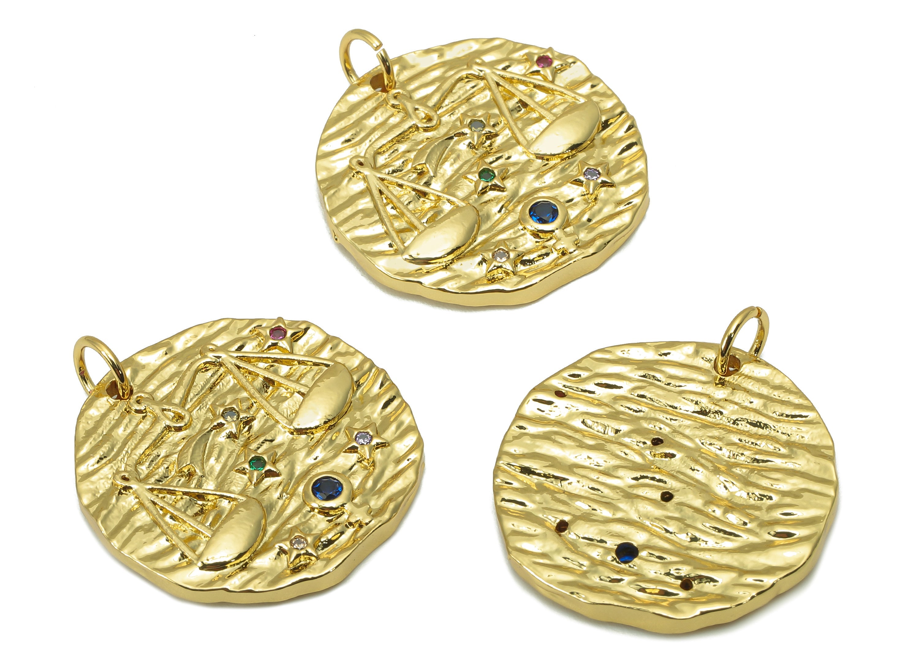 Brass Horoscope Round Charm - CZ Libra Earring Charm - Zodiac Necklace Pendant With Loop - 18K Real Gold Plating - 24.1x21x2mm - RGP5815A - DOMEDBAZAAR