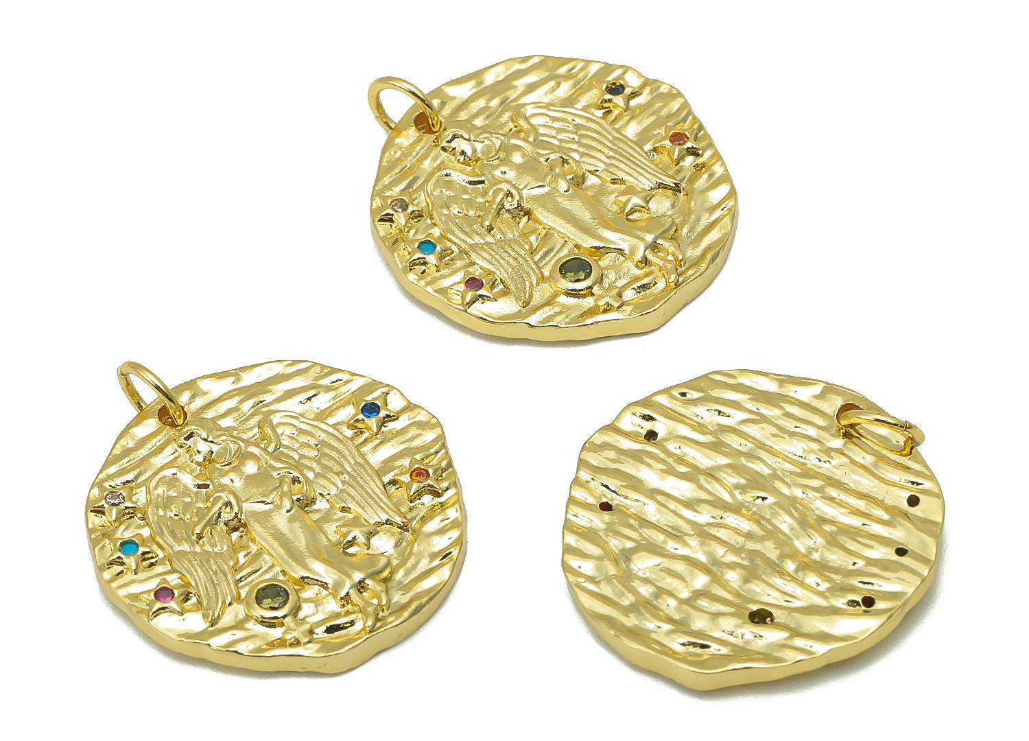 Brass Horoscope Round Charm - CZ Virgo Earring Charm - Zodiac Necklace Pendant With Loop - 18K Real Gold Plating - 24.1x21x2mm - RGP5815D - DOMEDBAZAAR