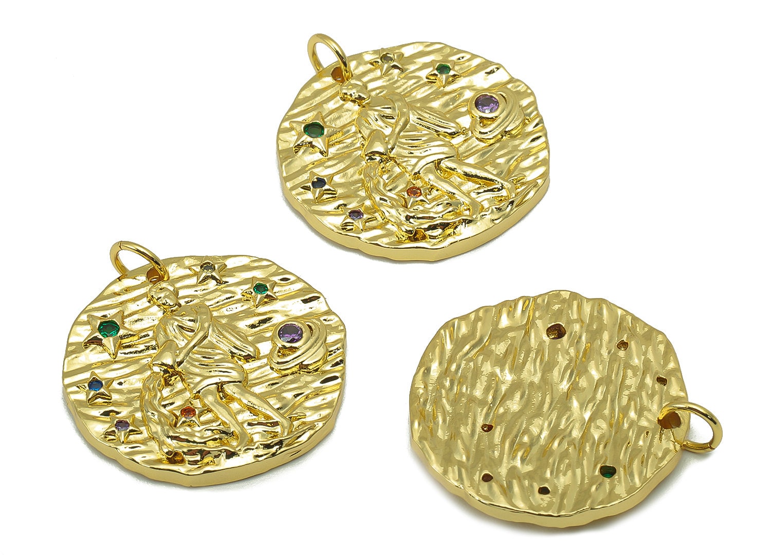 Brass Horoscope Round Charm - CZ Aquarius Earring Charm - Zodiac Necklace Pendant With Loop - 18K Real Gold Plating - 24.1x21x2mm - RGP5815E - DOMEDBAZAAR