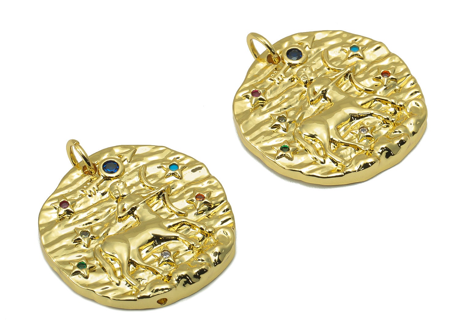 Brass Horoscope Round Charm - CZ Sagittarius Earring Charm - Zodiac Necklace Pendant With Loop - 18K Real Gold Plating -24.1x21x2mm-RGP5815H - DOMEDBAZAAR