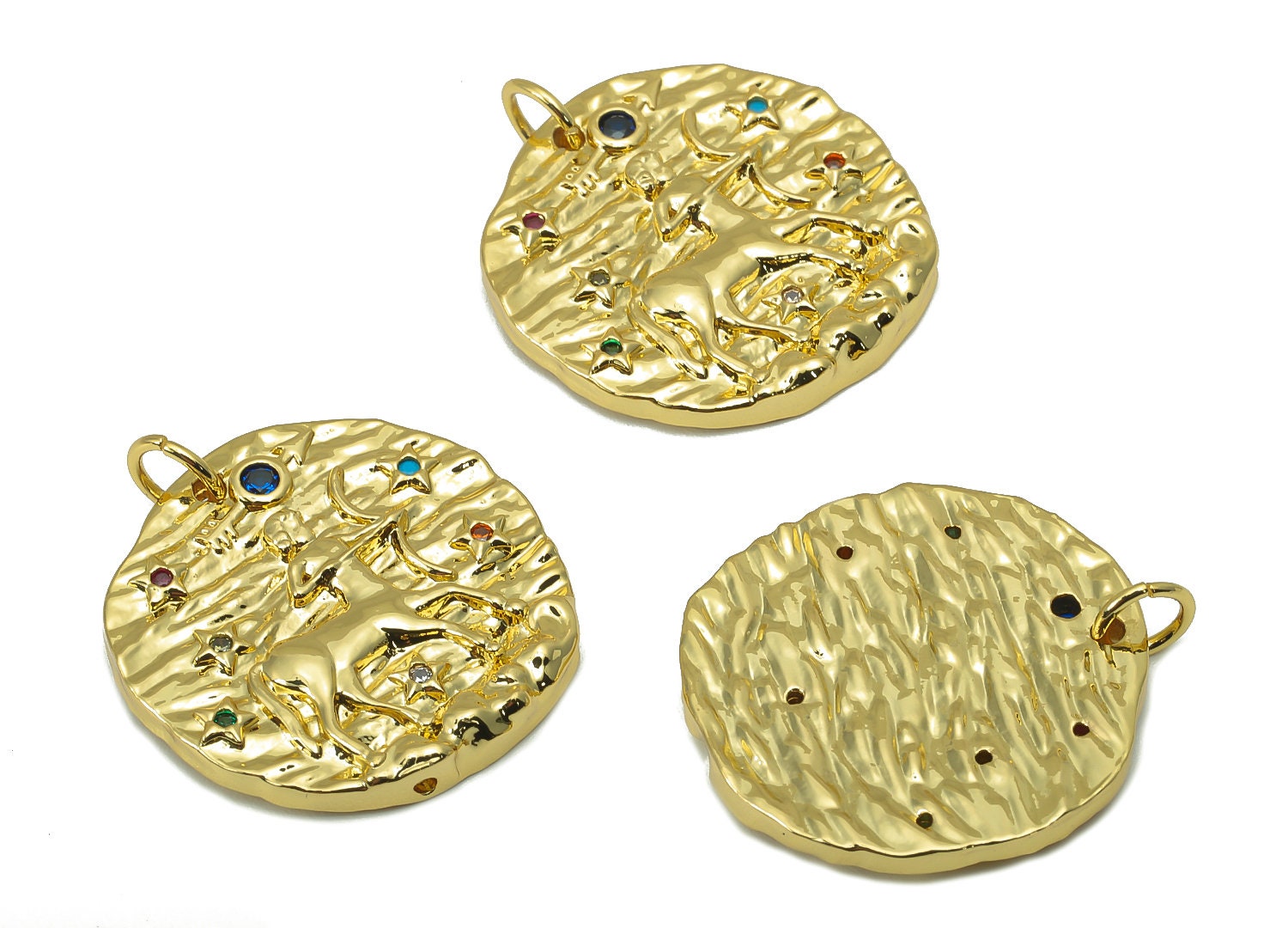 Brass Horoscope Round Charm - CZ Sagittarius Earring Charm - Zodiac Necklace Pendant With Loop - 18K Real Gold Plating -24.1x21x2mm-RGP5815H - DOMEDBAZAAR