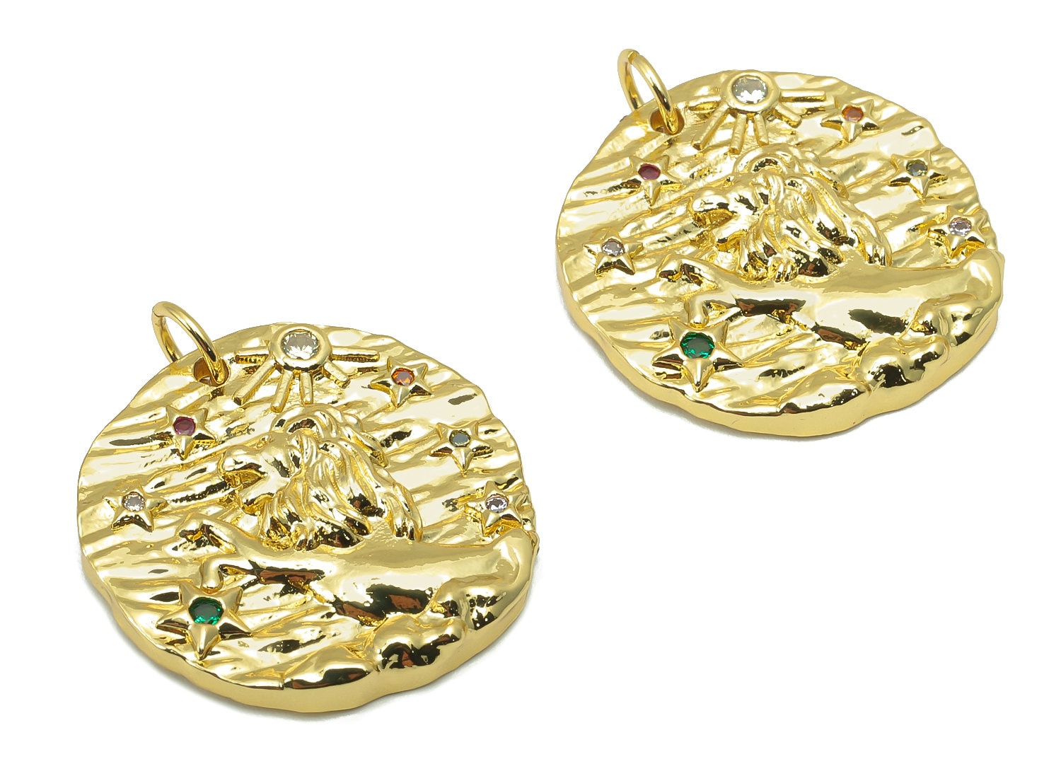 Brass Horoscope Round Charm - CZ Leo Earring Charm - Zodiac Necklace Pendant With Loop - 18K Real Gold Plating - 24.1x21x2mm - RGP5815J - DOMEDBAZAAR
