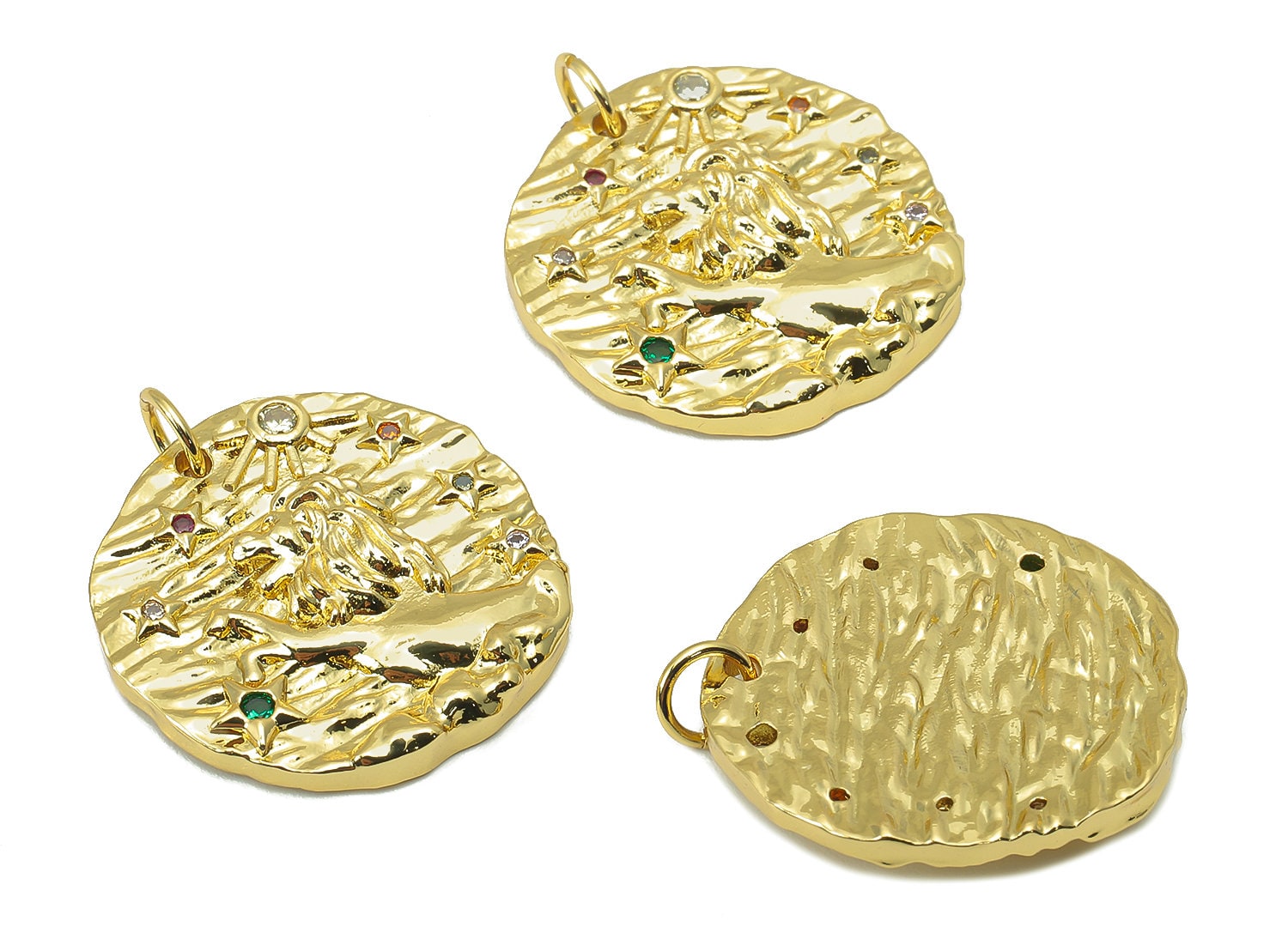 Brass Horoscope Round Charm - CZ Leo Earring Charm - Zodiac Necklace Pendant With Loop - 18K Real Gold Plating - 24.1x21x2mm - RGP5815J - DOMEDBAZAAR