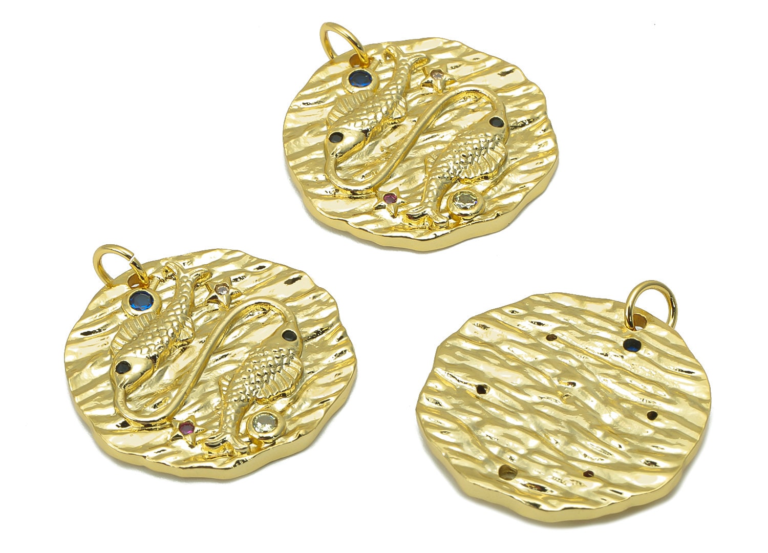 Brass Horoscope Round Charm - CZ Pisces Earring Charm - Zodiac Necklace Pendant With Loop - 18K Real Gold Plating - 24.1x21x2mm - RGP5815L - DOMEDBAZAAR