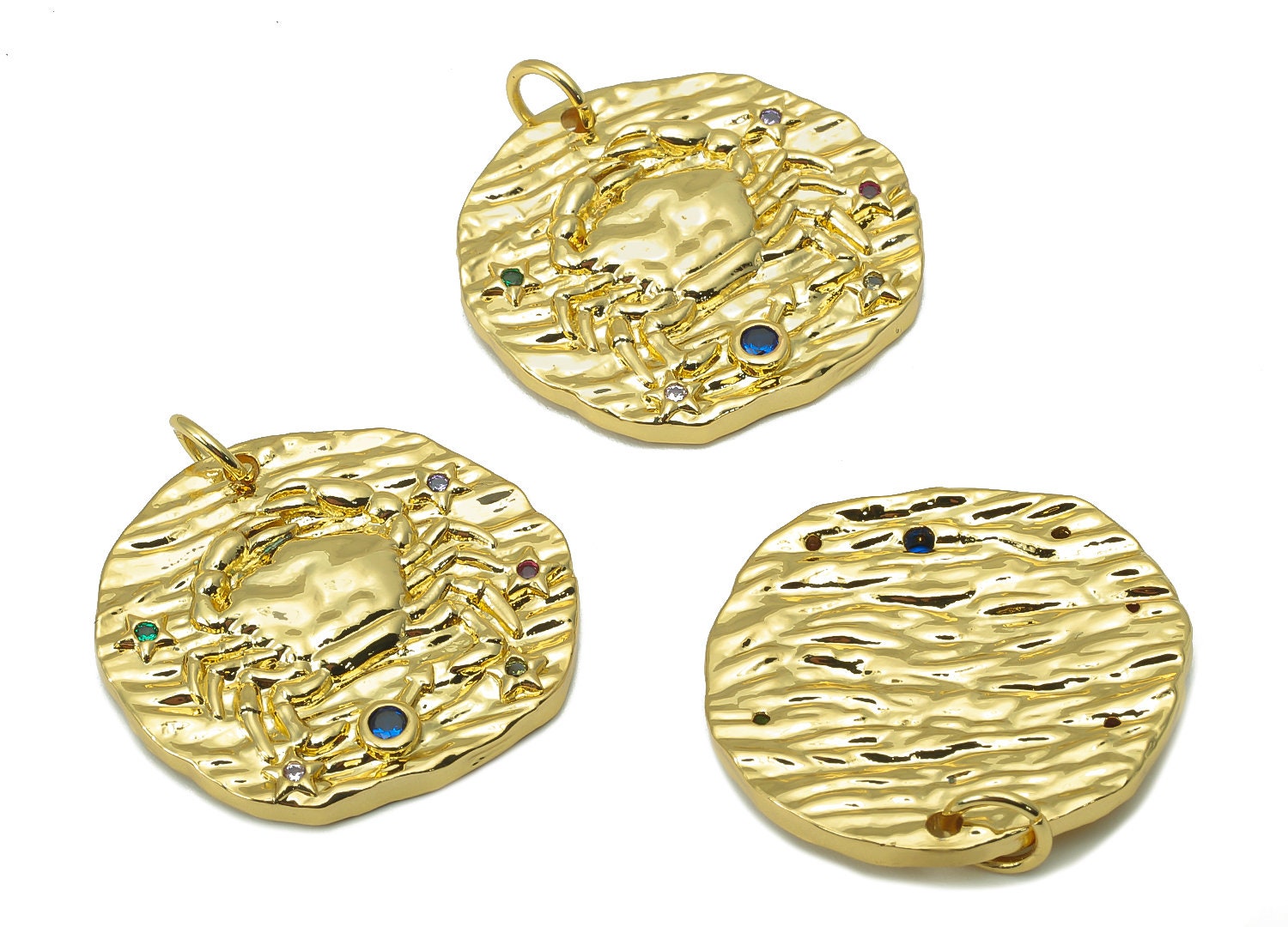 Brass Horoscope Round Charm - CZ Cancer Earring Charm - Zodiac Necklace Pendant With Loop - 18K Real Gold Plating - 24.1x21x2mm - RGP5815K - DOMEDBAZAAR