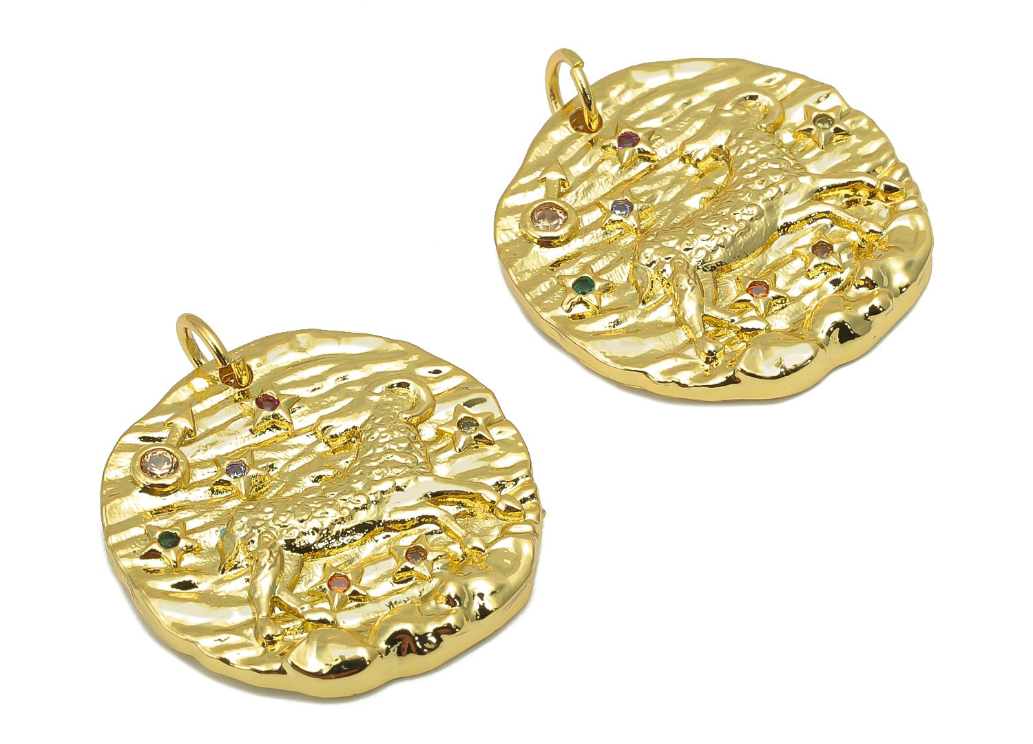 Brass Horoscope Round Charm - CZ Aries Earring Charm - Zodiac Necklace Pendant With Loop - 18K Real Gold Plating - 24.1x21x2mm - RGP5815M - DOMEDBAZAAR