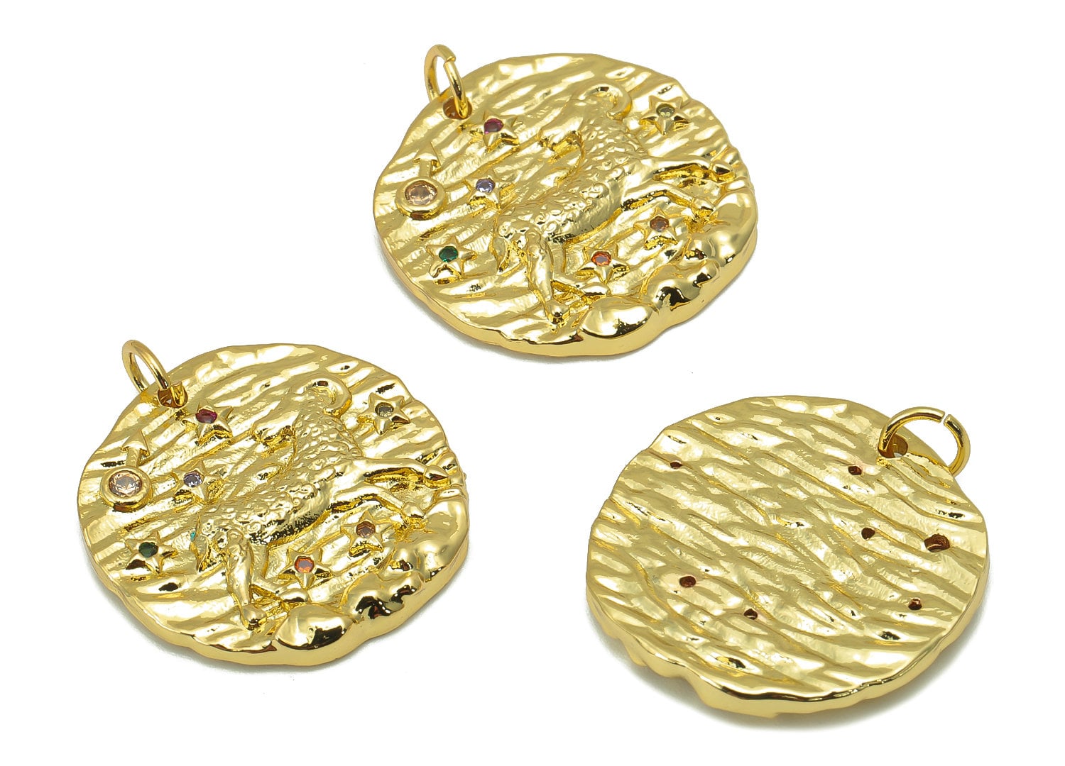 Brass Horoscope Round Charm - CZ Aries Earring Charm - Zodiac Necklace Pendant With Loop - 18K Real Gold Plating - 24.1x21x2mm - RGP5815M - DOMEDBAZAAR