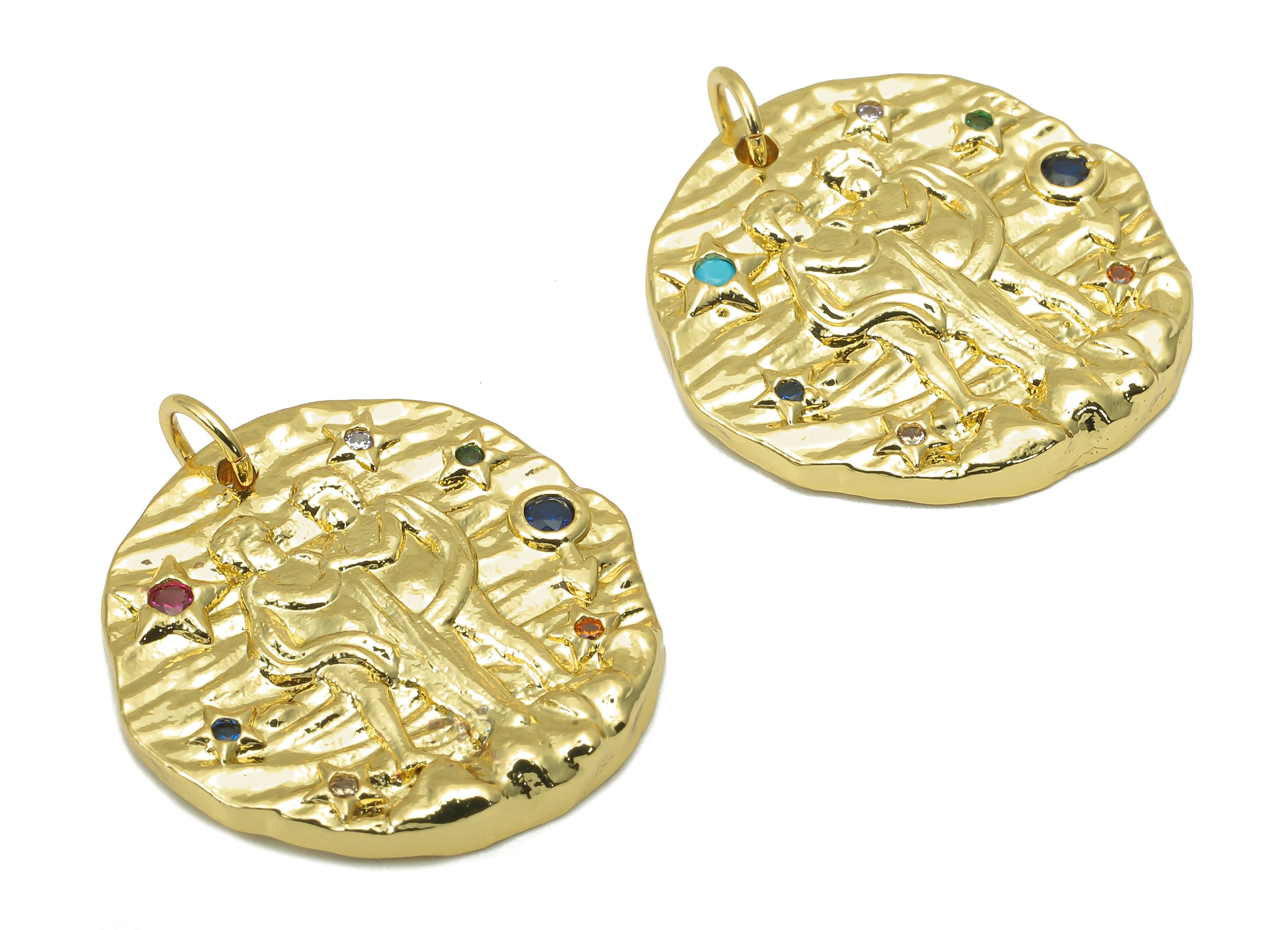 Brass Horoscope Round Charm - CZ Gemini Earring Charm - Zodiac Necklace Pendant With Loop - 18K Real Gold Plating - 24.1x21x2mm - RGP5815B - DOMEDBAZAAR