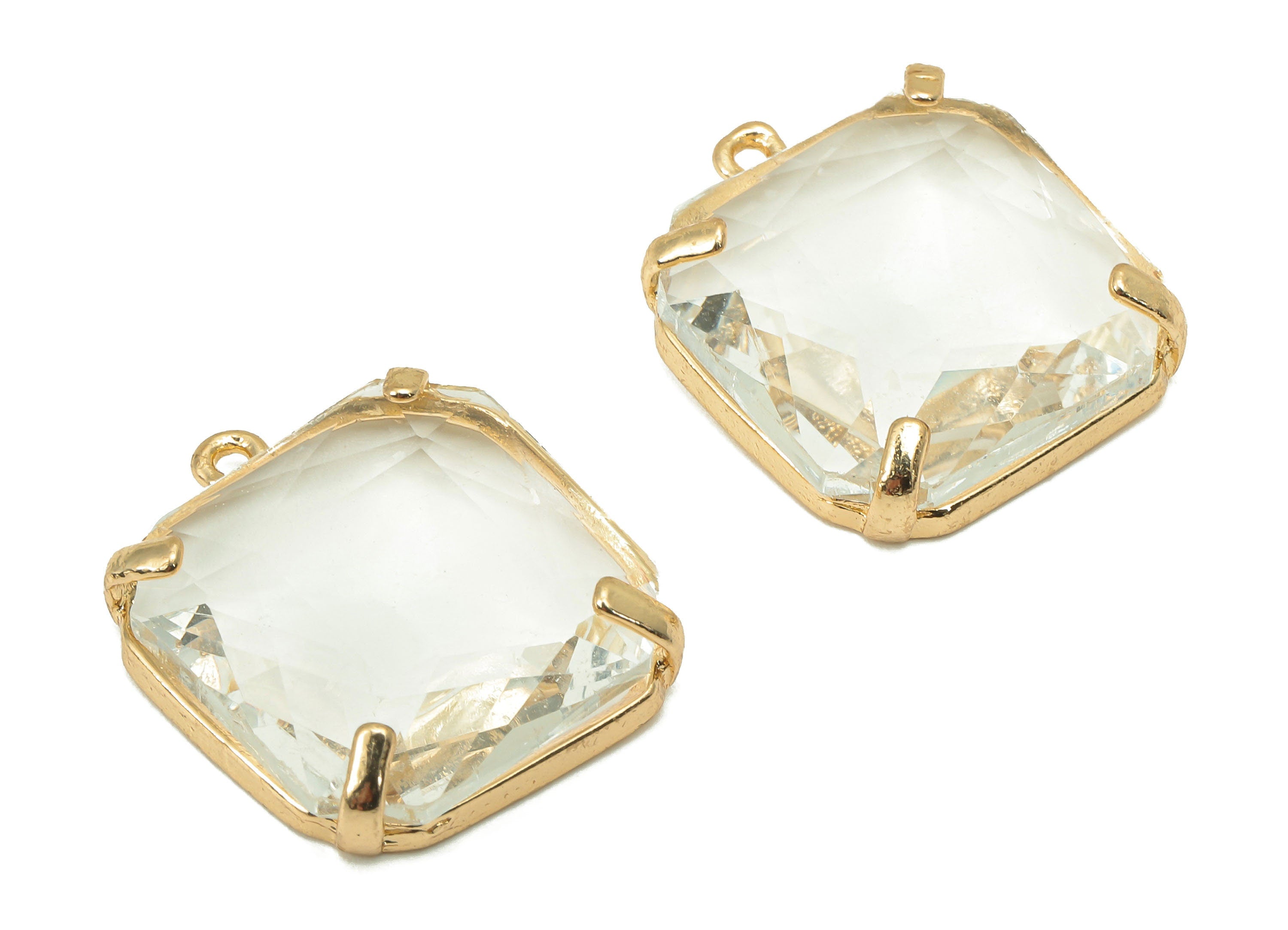 Brass Frame Transparent Square Pendant - Square Earring Charm - Faceted Clear Glass - Gold Tone Plating - 22.4x18.5x5.8mm - GS1152A - DOMEDBAZAAR