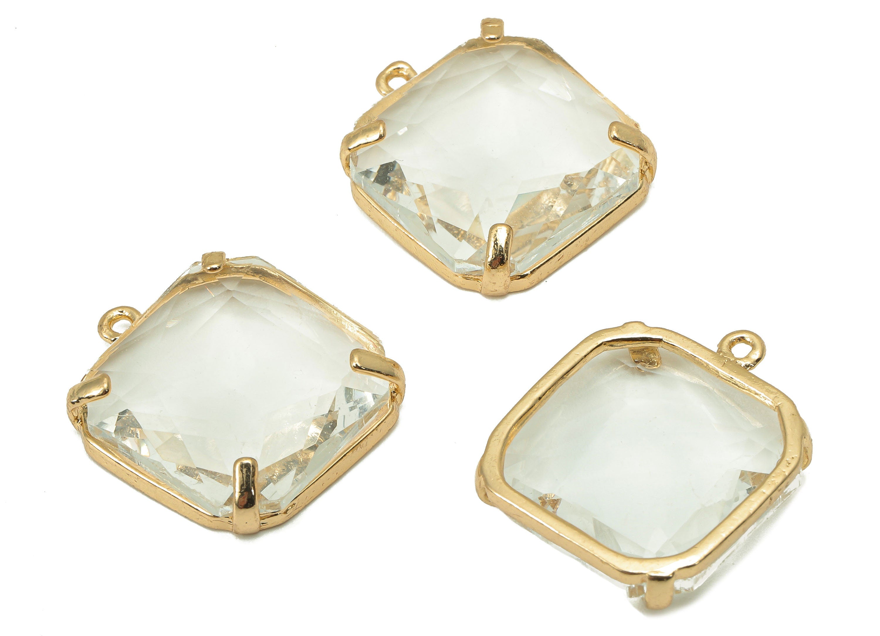 Brass Frame Transparent Square Pendant - Square Earring Charm - Faceted Clear Glass - Gold Tone Plating - 22.4x18.5x5.8mm - GS1152A - DOMEDBAZAAR