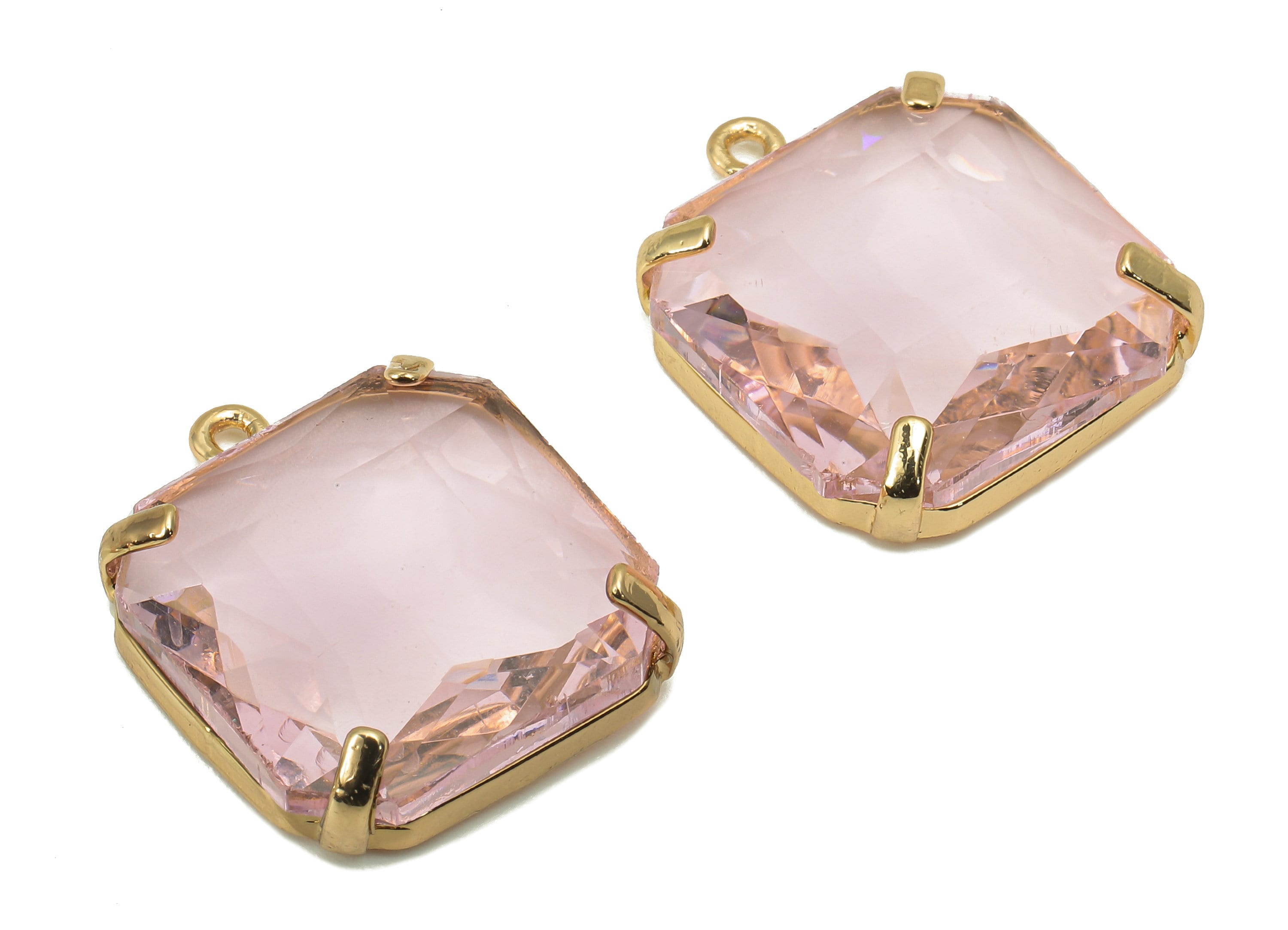 Brass Frame Pink Square Pendant - Square Earring Charm - Faceted Clear Pink Glass - Gold Tone Plating - 22.4x18.5x5.8mm - GS1152B - DOMEDBAZAAR