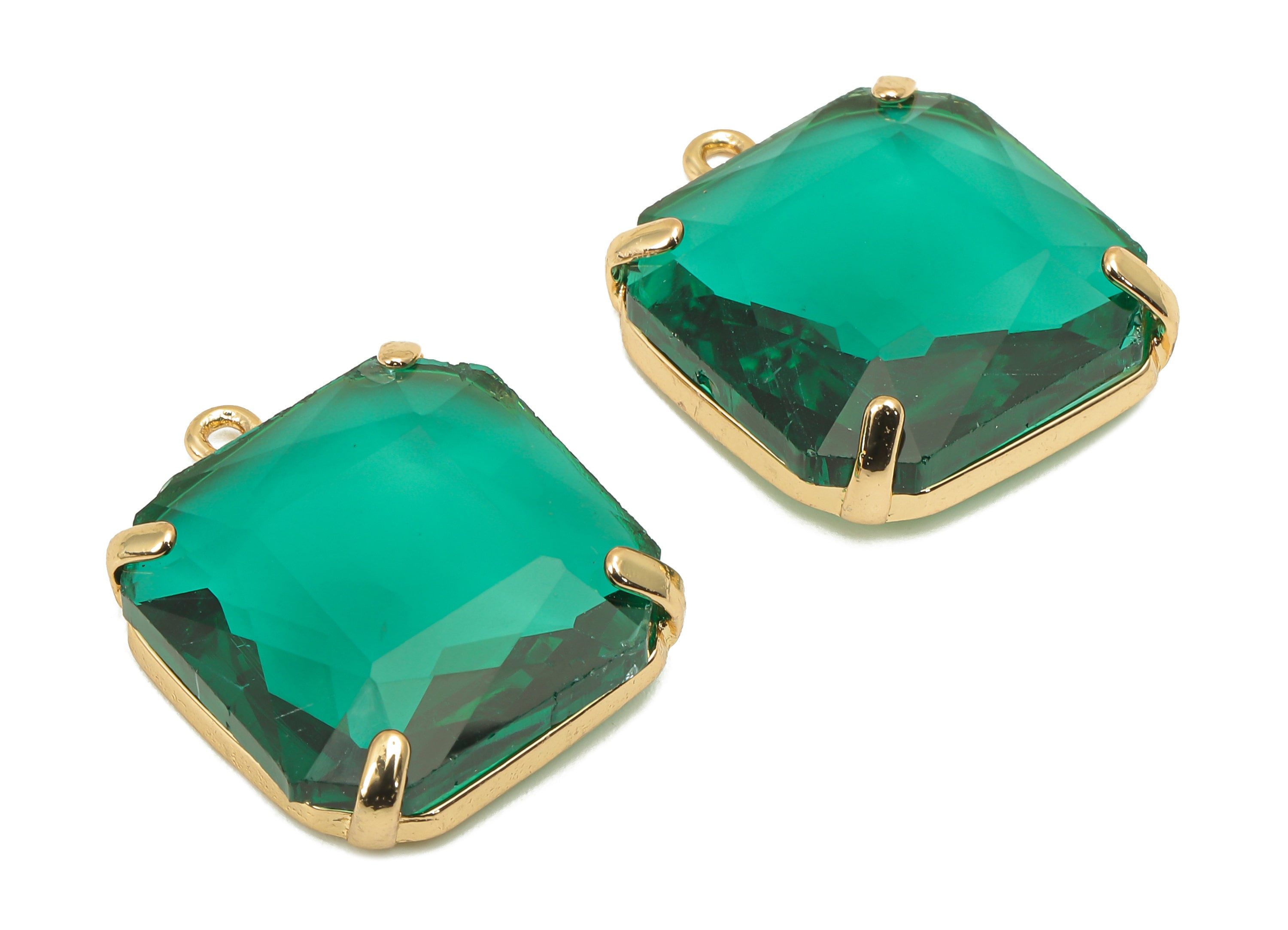 Brass Frame Green Square Pendant - Square Earring Charm - Faceted Clear Green Glass - Gold Tone Plating - 22.4x18.5x5.8mm - GS1152E - DOMEDBAZAAR