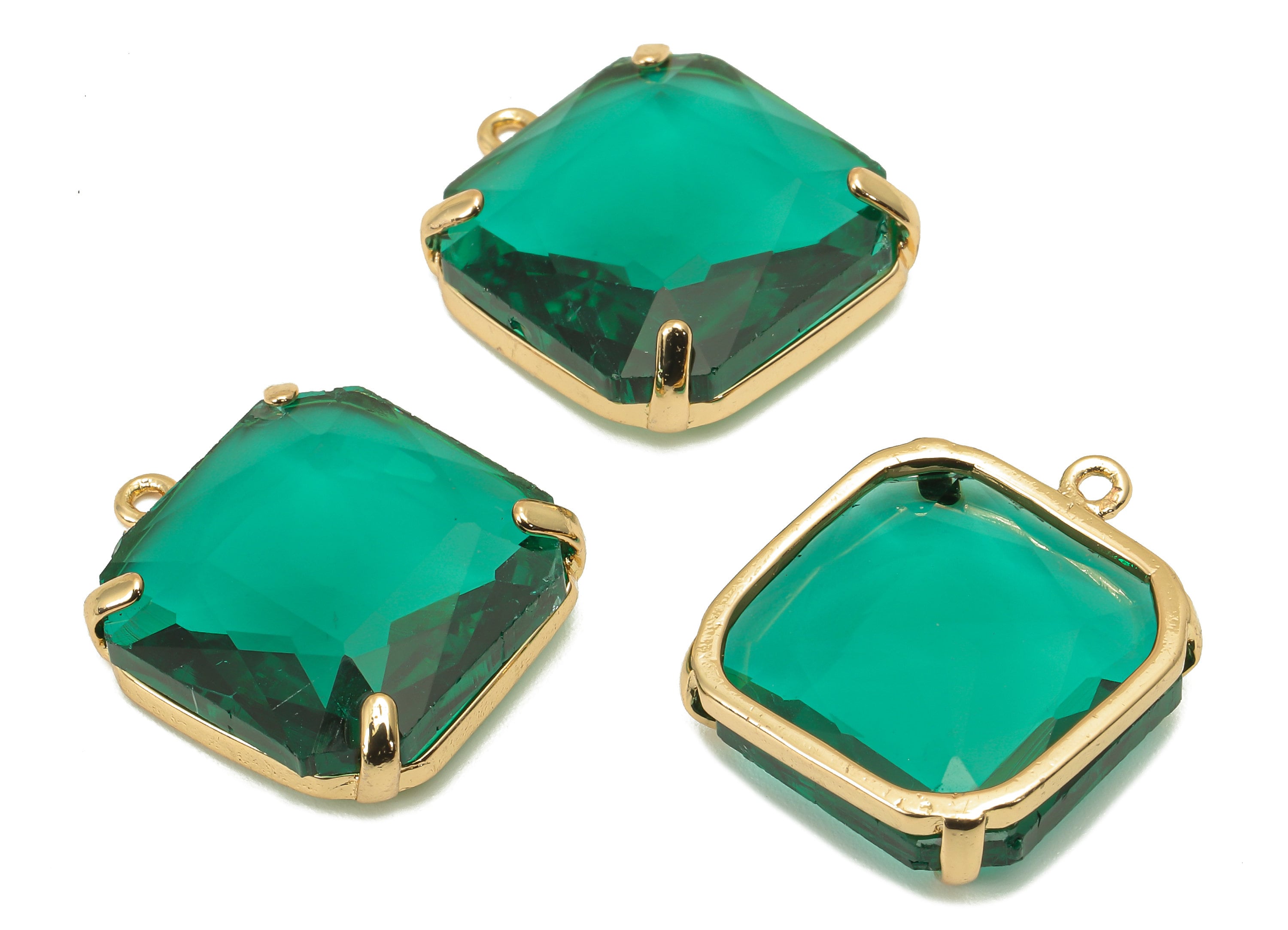 Brass Frame Green Square Pendant - Square Earring Charm - Faceted Clear Green Glass - Gold Tone Plating - 22.4x18.5x5.8mm - GS1152E - DOMEDBAZAAR