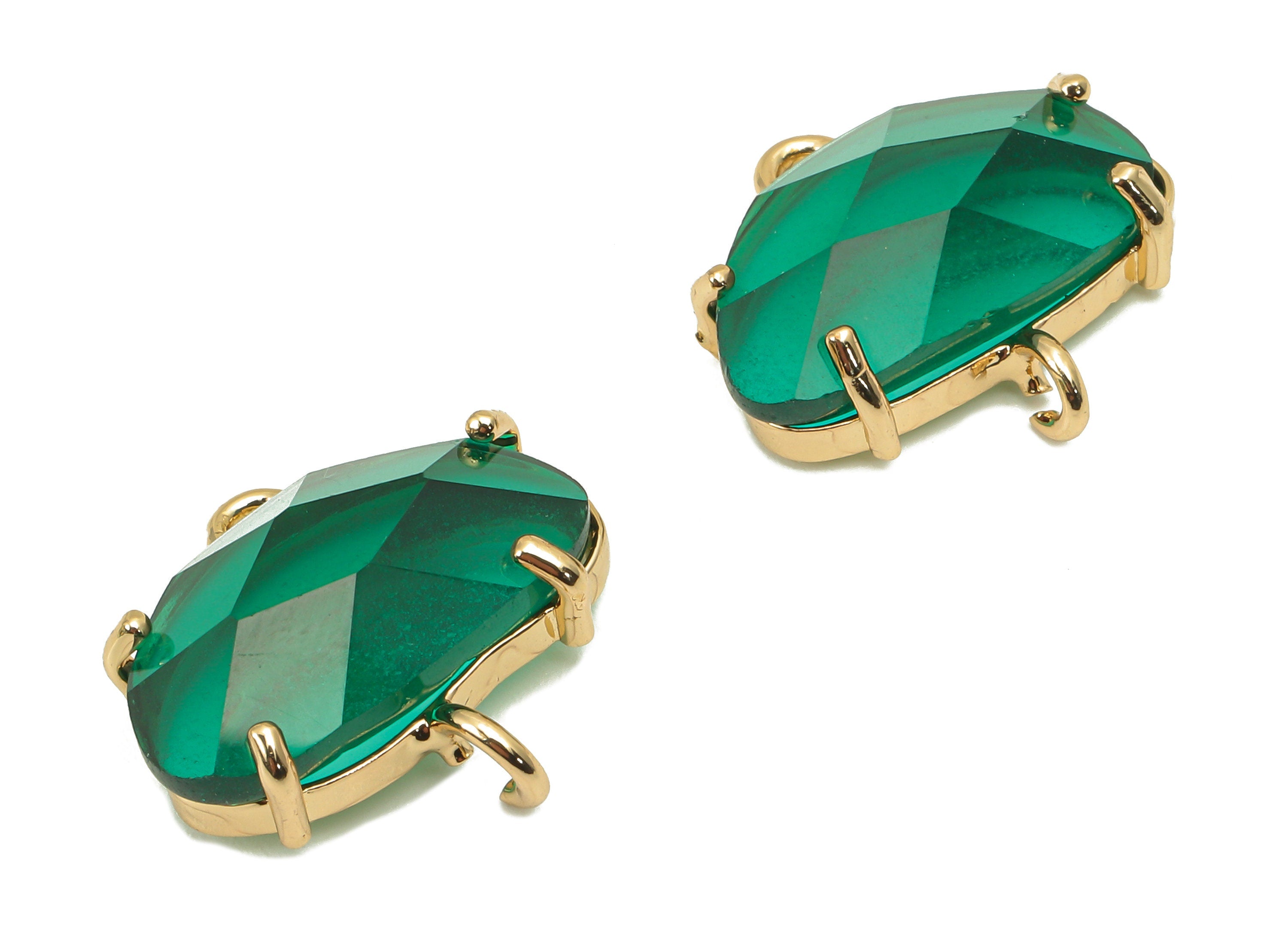 Brass Frame Oval Glass Earring Connector - Clear Green Pendant With 2 Loops - Gold Tone Plating - Faceted Glass - 18.8x17.6x6.4mm - GS1153 - DOMEDBAZAAR