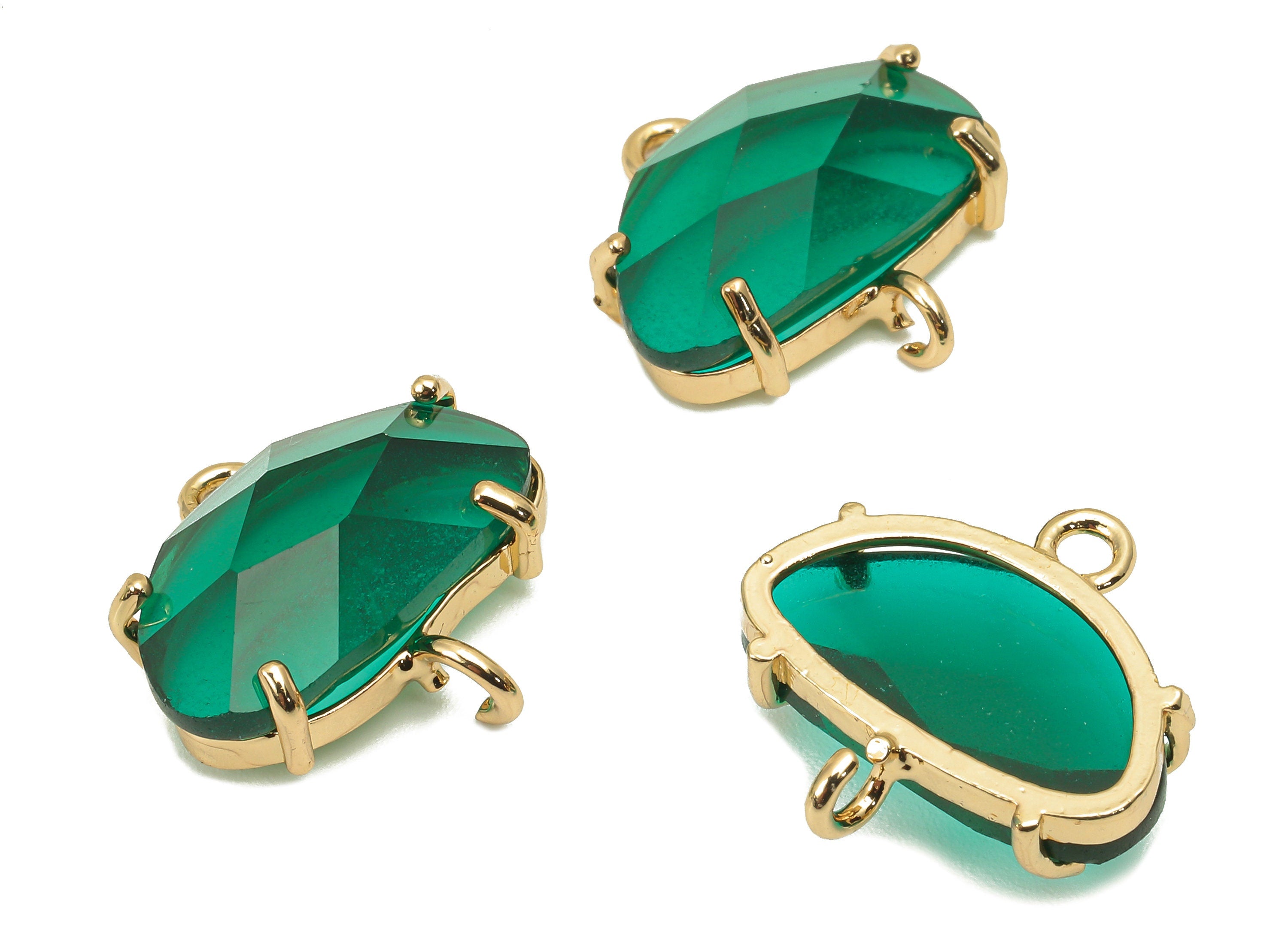 Brass Frame Oval Glass Earring Connector - Clear Green Pendant With 2 Loops - Gold Tone Plating - Faceted Glass - 18.8x17.6x6.4mm - GS1153 - DOMEDBAZAAR