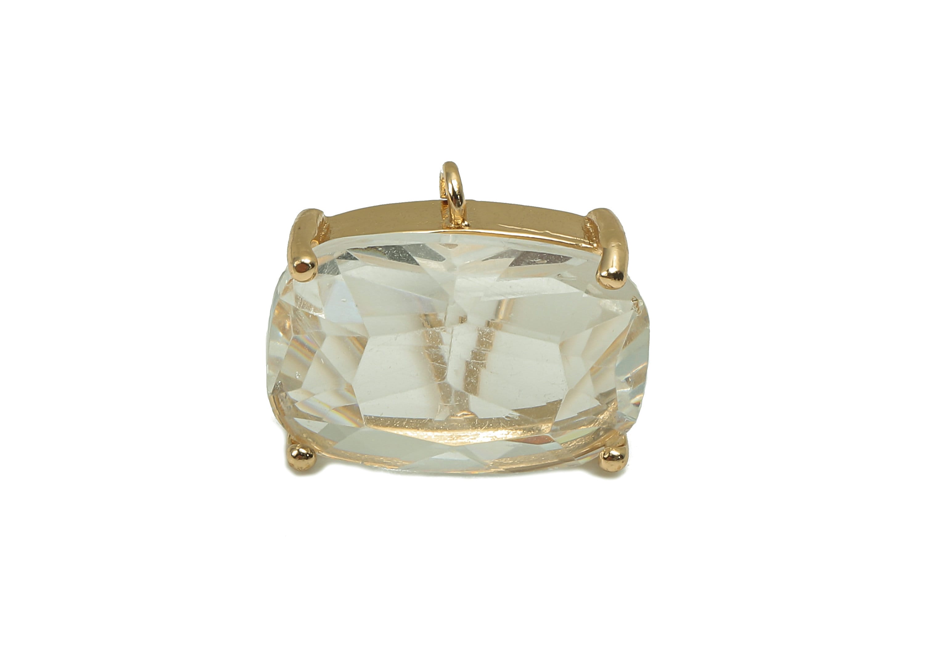 Brass Frame Transparent Rectangle Stud Earring - Faceted Clear Glass With Loop - Stainless Steel - Gold Tone Plating-15.9x13.7x6.5mm-GS1154A - DOMEDBAZAAR