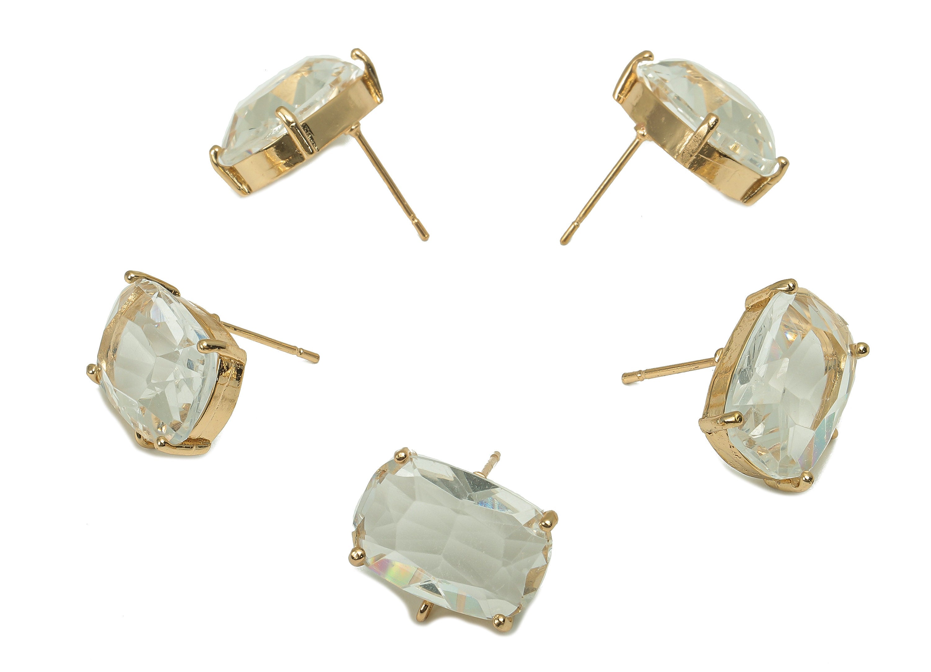 Brass Frame Transparent Rectangle Stud Earring - Faceted Clear Glass With Loop - Stainless Steel - Gold Tone Plating-15.9x13.7x6.5mm-GS1154A - DOMEDBAZAAR