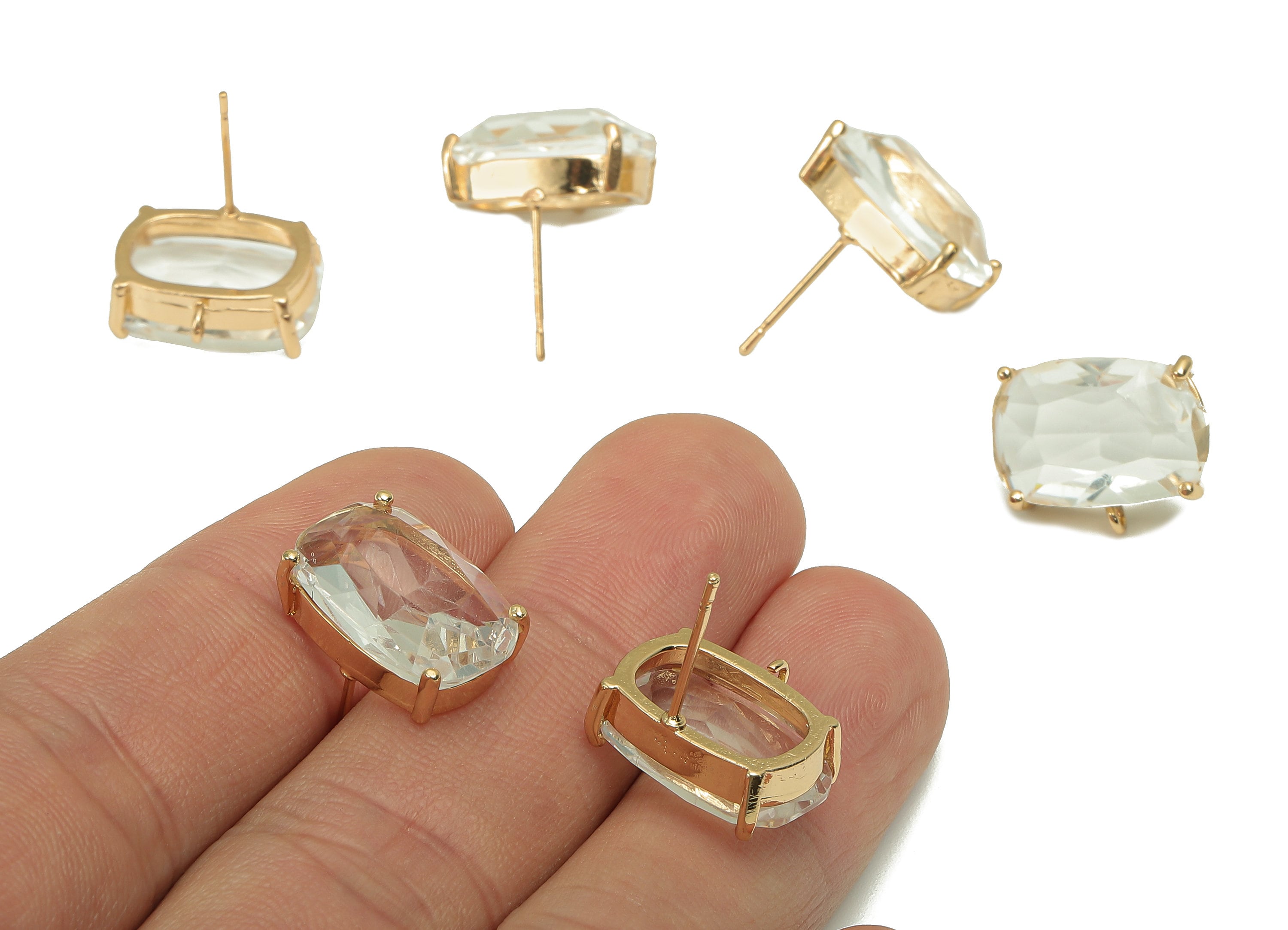 Brass Frame Transparent Rectangle Stud Earring - Faceted Clear Glass With Loop - Stainless Steel - Gold Tone Plating-15.9x13.7x6.5mm-GS1154A - DOMEDBAZAAR