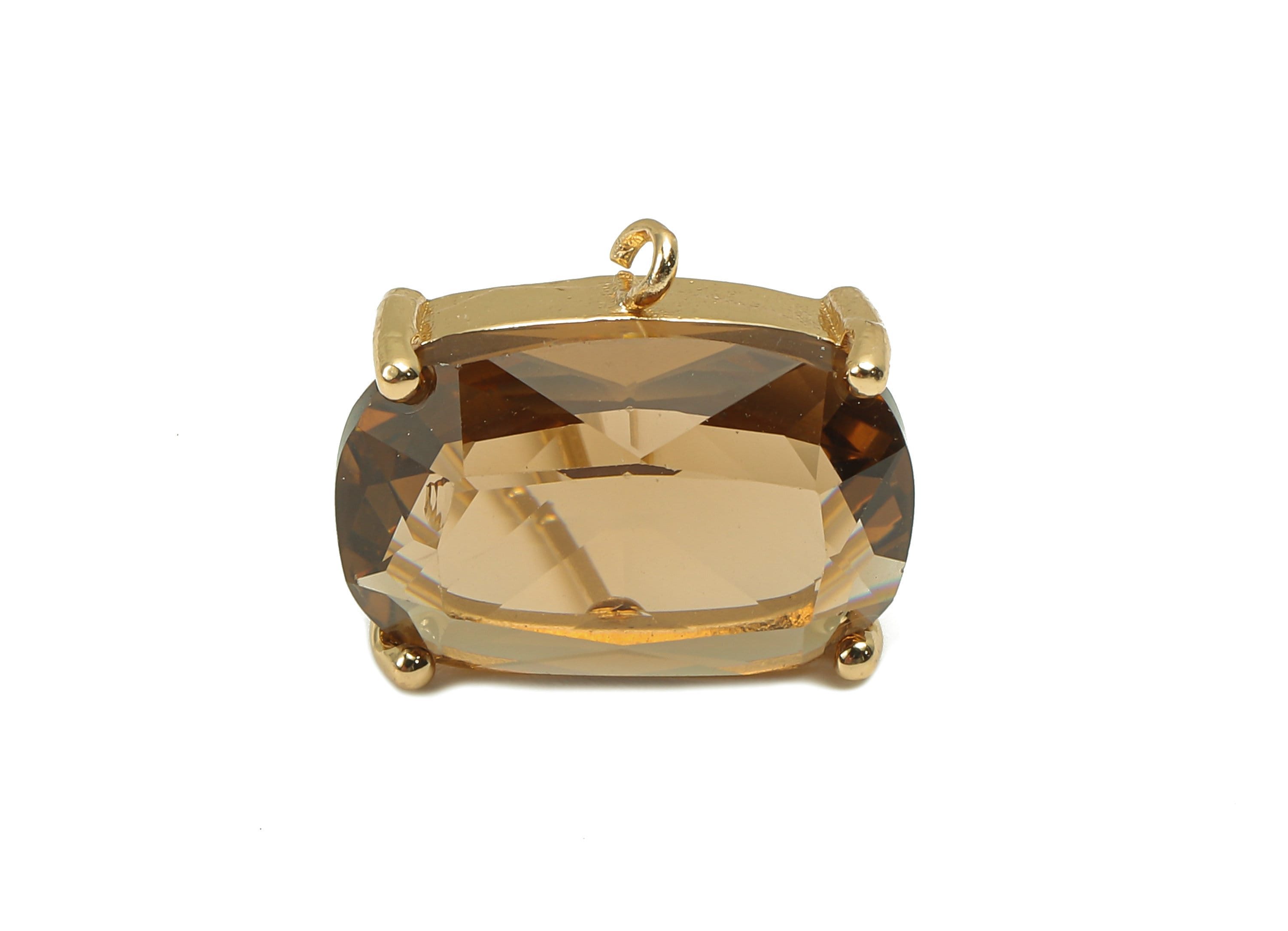 Brass Frame Rectangle Stud Earring - Faceted Clear Brown Glass With Loop - Stainless Steel - Gold Tone Plating - 15.9x13.7x6.5mm - GS1154B - DOMEDBAZAAR