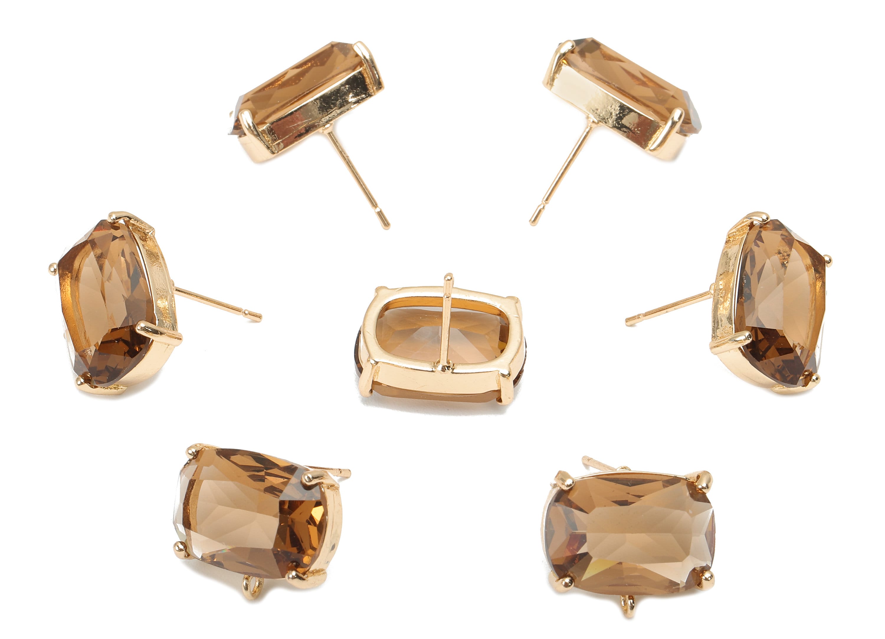 Brass Frame Rectangle Stud Earring - Faceted Clear Brown Glass With Loop - Stainless Steel - Gold Tone Plating - 15.9x13.7x6.5mm - GS1154B - DOMEDBAZAAR