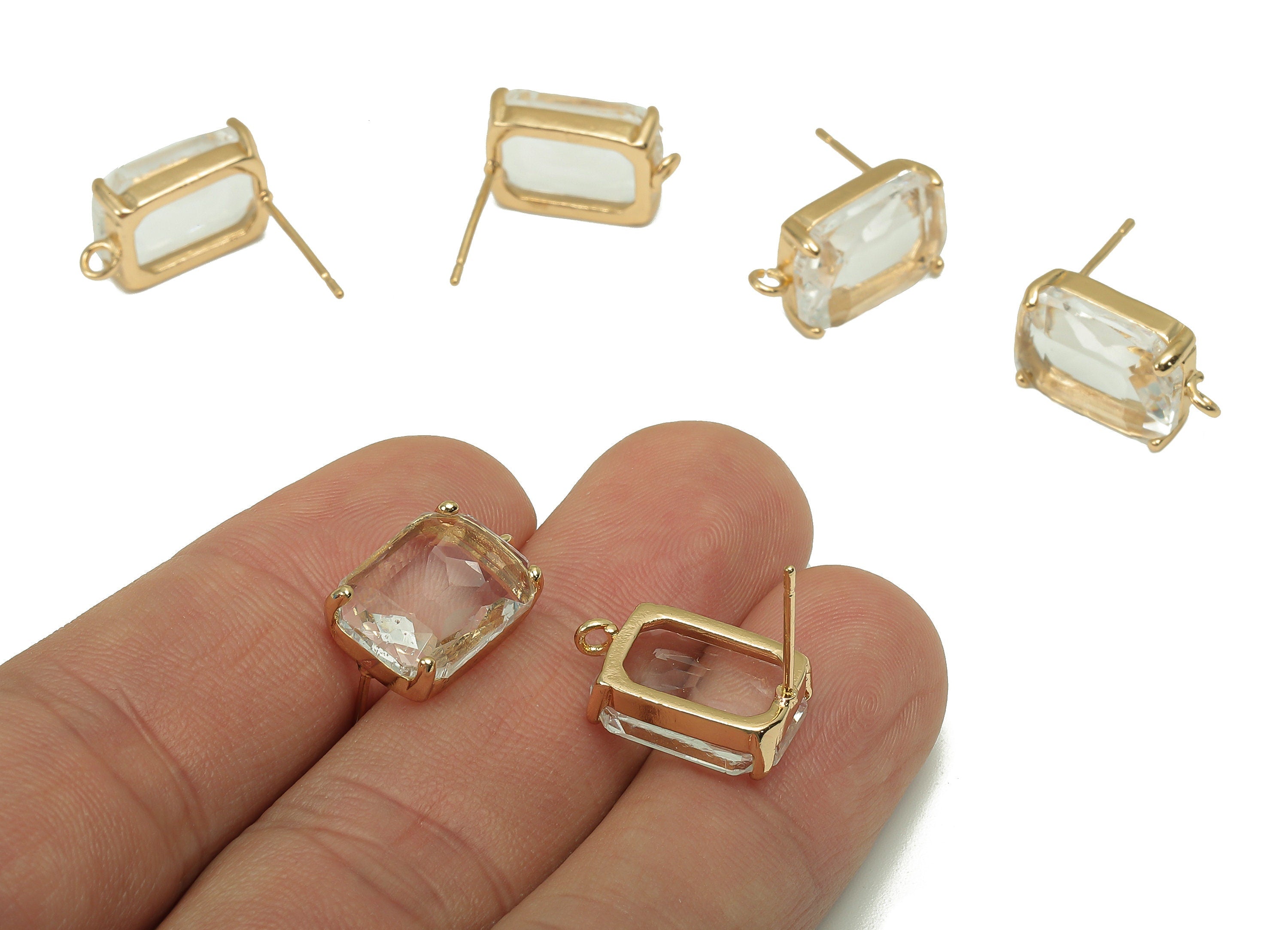 Brass Frame Transparent Rectangle Stud Earring - Faceted Clear Glass With Loop - Stainless Steel - Gold Tone Plating-16.5x10.3x5.2mm-GS1155A - DOMEDBAZAAR