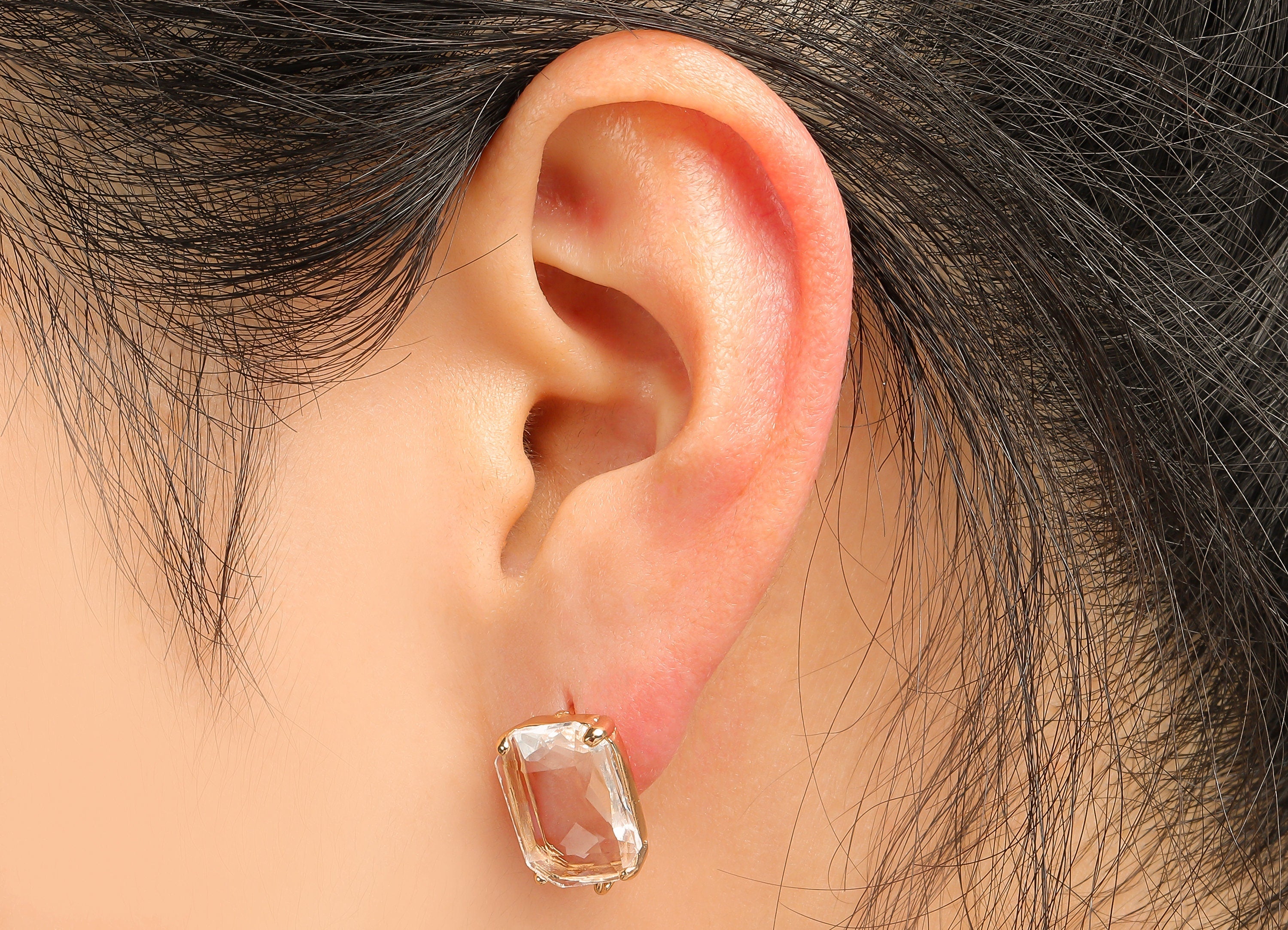 Brass Frame Transparent Rectangle Stud Earring - Faceted Clear Glass With Loop - Stainless Steel - Gold Tone Plating-16.5x10.3x5.2mm-GS1155A - DOMEDBAZAAR