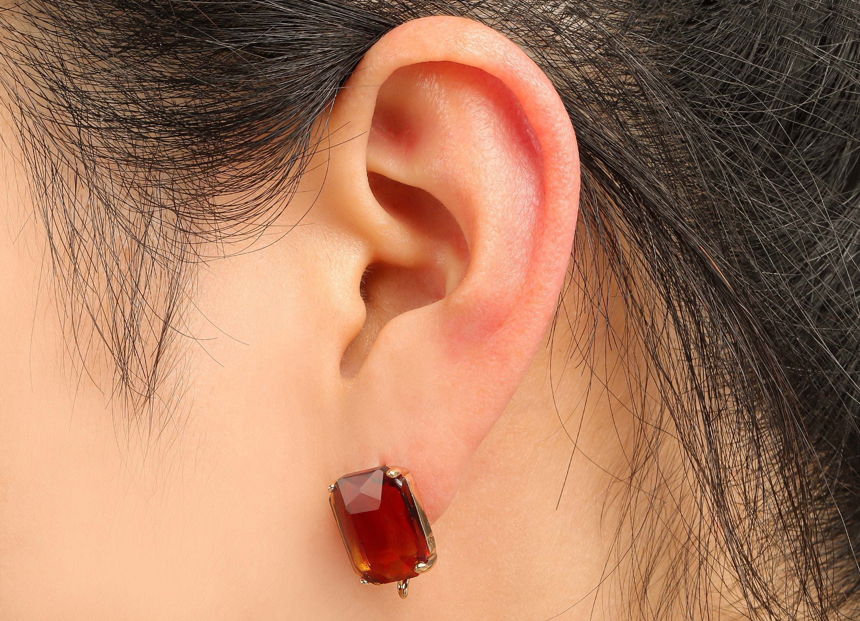 Brass Frame Rectangle Stud Earring - Faceted Clear Orange Glass With Loop - Stainless Steel - Gold Tone Plating - 16.5x10.3x5.2mm - GS1155C - DOMEDBAZAAR