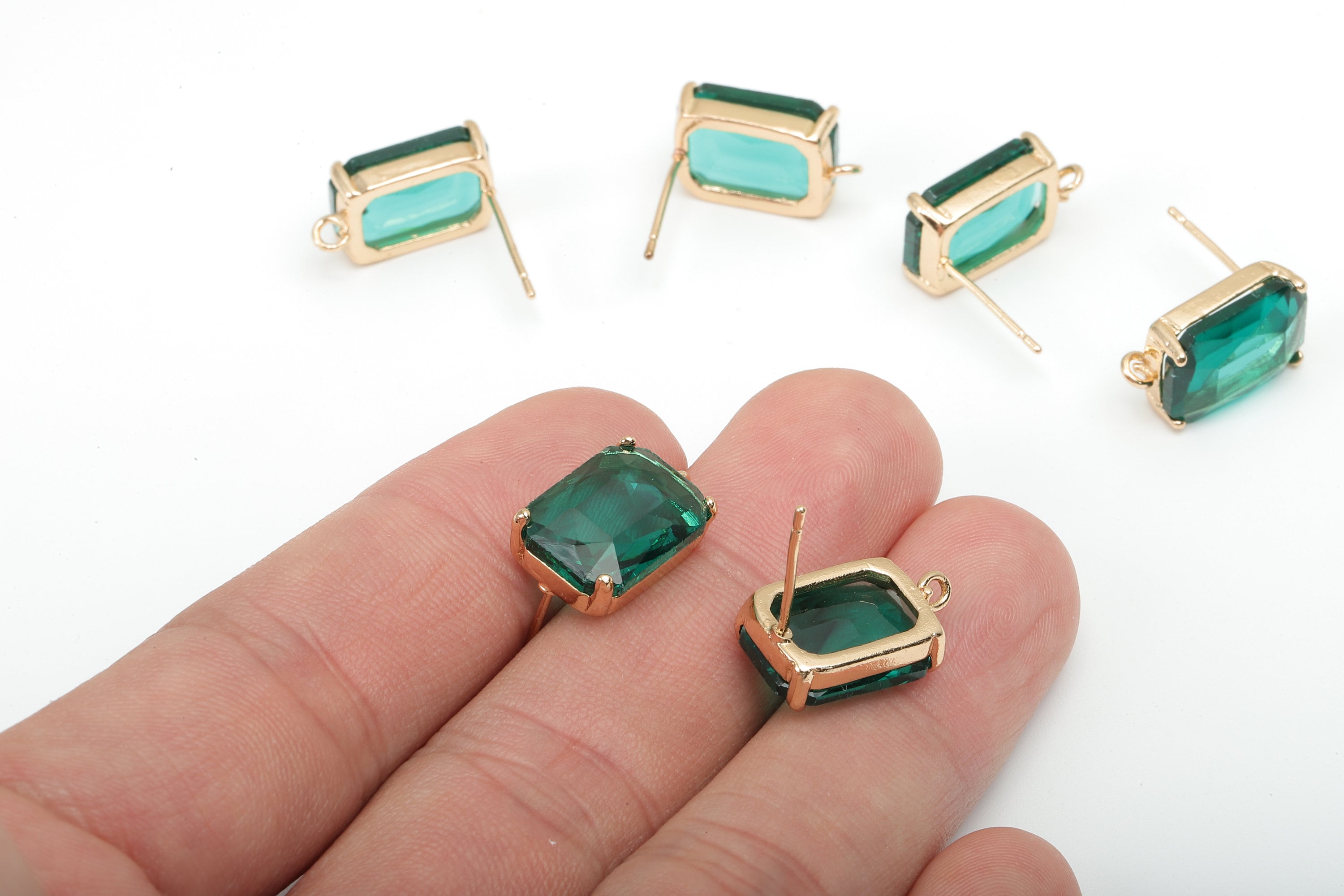 Brass Frame Rectangle Stud Earring - Faceted Clear Green Glass With Loop - Stainless Steel - Gold Tone Plating - 16.5x10.3x5.2mm - GS1155B - DOMEDBAZAAR
