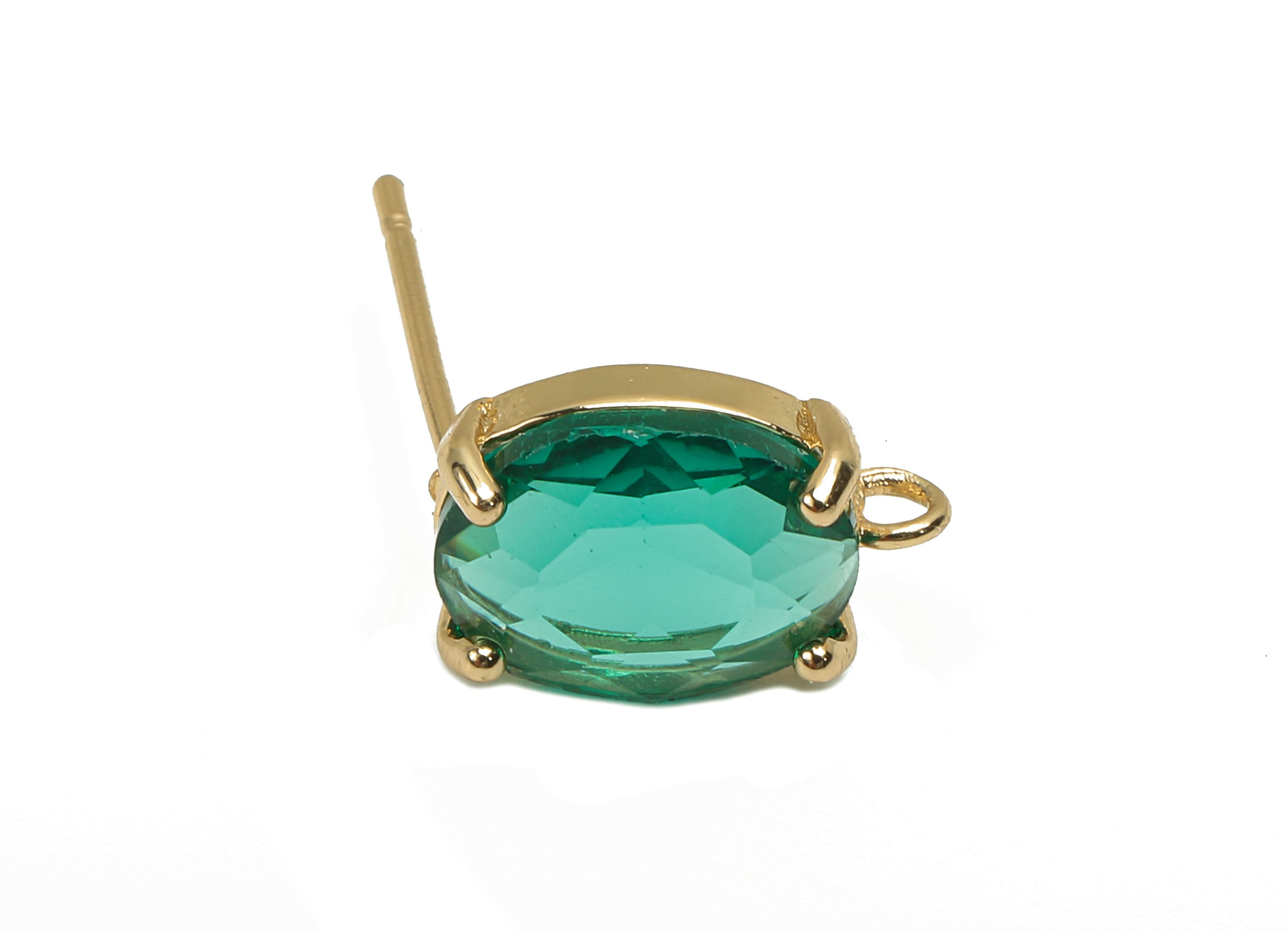 Brass Frame Oval Stud Earring - Faceted Clear Green Glass With Loop - Silver Stud - Gold Tone Plating - 12.2x8x4mm - GS1156A - DOMEDBAZAAR