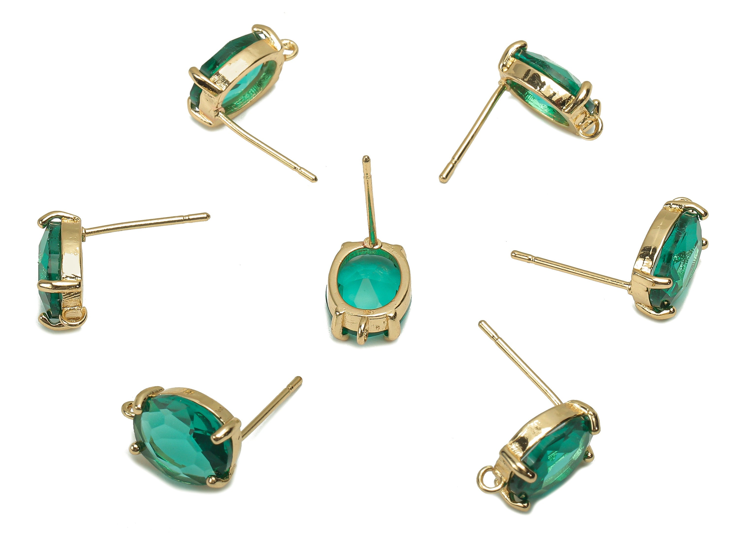 Brass Frame Oval Stud Earring - Faceted Clear Green Glass With Loop - Silver Stud - Gold Tone Plating - 12.2x8x4mm - GS1156A - DOMEDBAZAAR