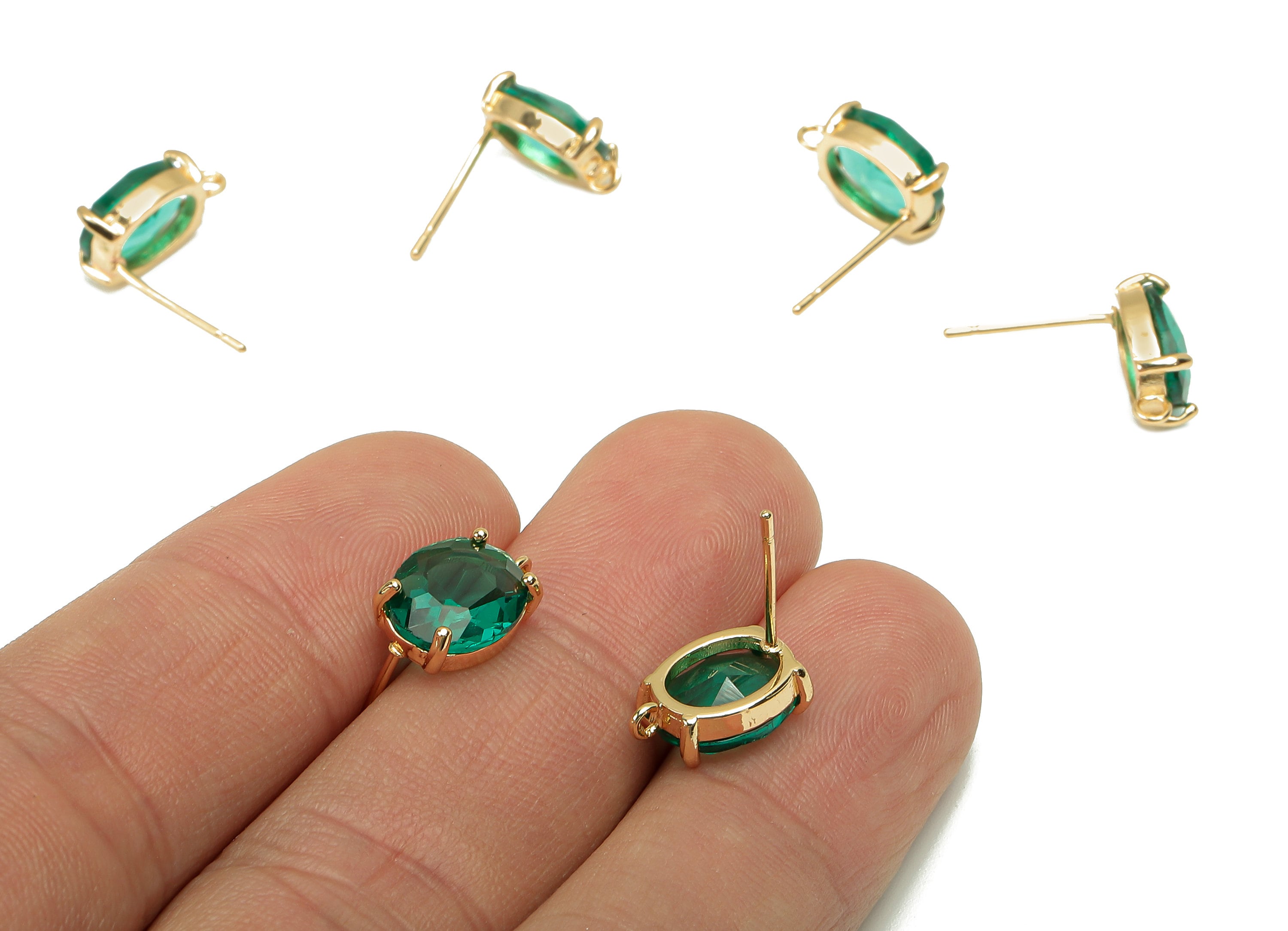 Brass Frame Oval Stud Earring - Faceted Clear Green Glass With Loop - Silver Stud - Gold Tone Plating - 12.2x8x4mm - GS1156A - DOMEDBAZAAR