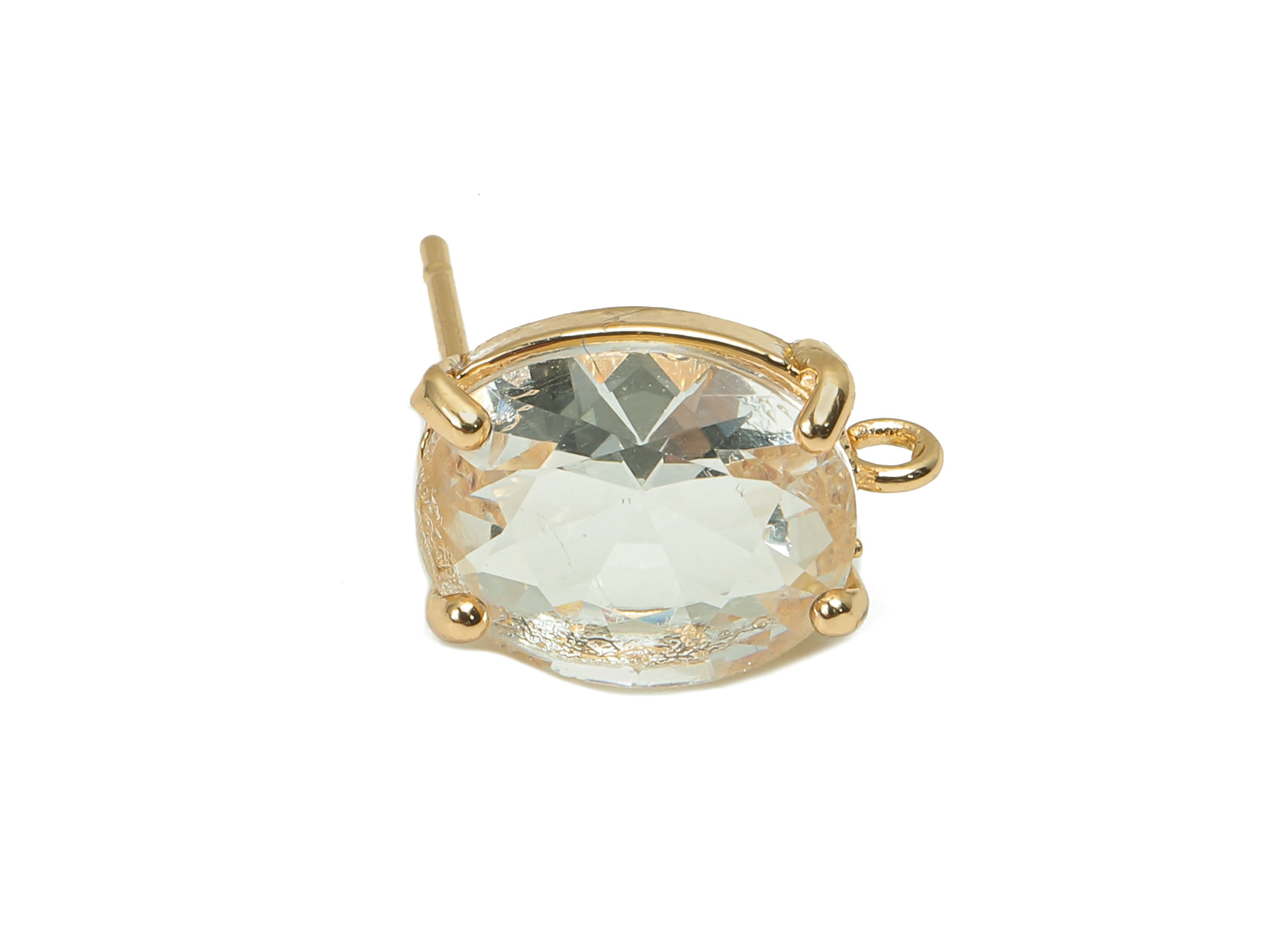 Brass Frame Transparent Oval Stud Earring - Faceted Clear Glass With Loop - Silver Stud - Gold Tone Plating - 12.2x8x4mm - GS1156C - DOMEDBAZAAR