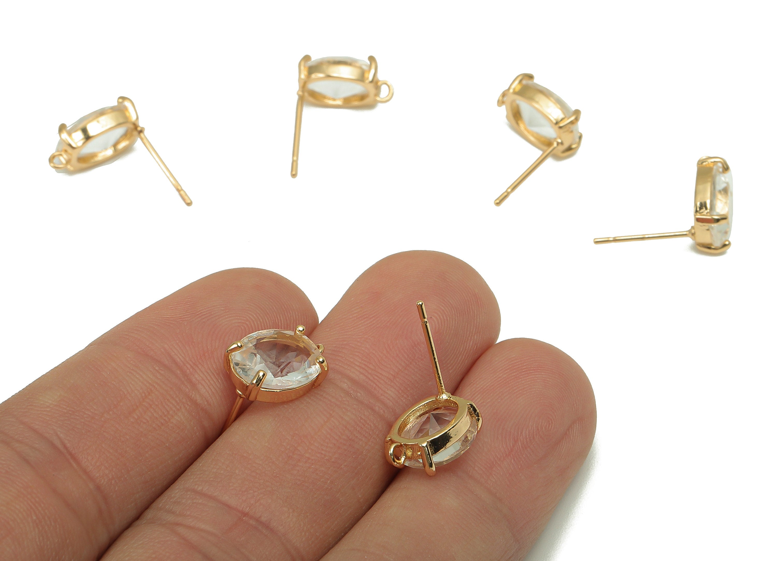 Brass Frame Transparent Oval Stud Earring - Faceted Clear Glass With Loop - Silver Stud - Gold Tone Plating - 12.2x8x4mm - GS1156C - DOMEDBAZAAR
