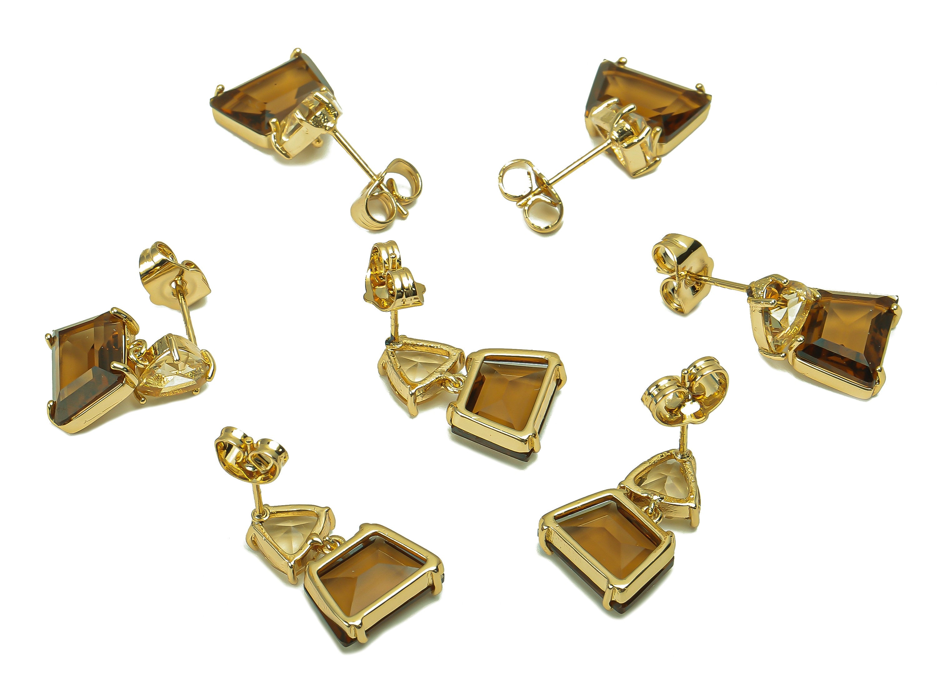 Brass Frame Triangle Stud Earring - Faceted Clear Brown Trapezoidal Glass - Stainless Steel - Gold Tone Plating - 18.3x11.8x4.2mm - GS1157 - DOMEDBAZAAR