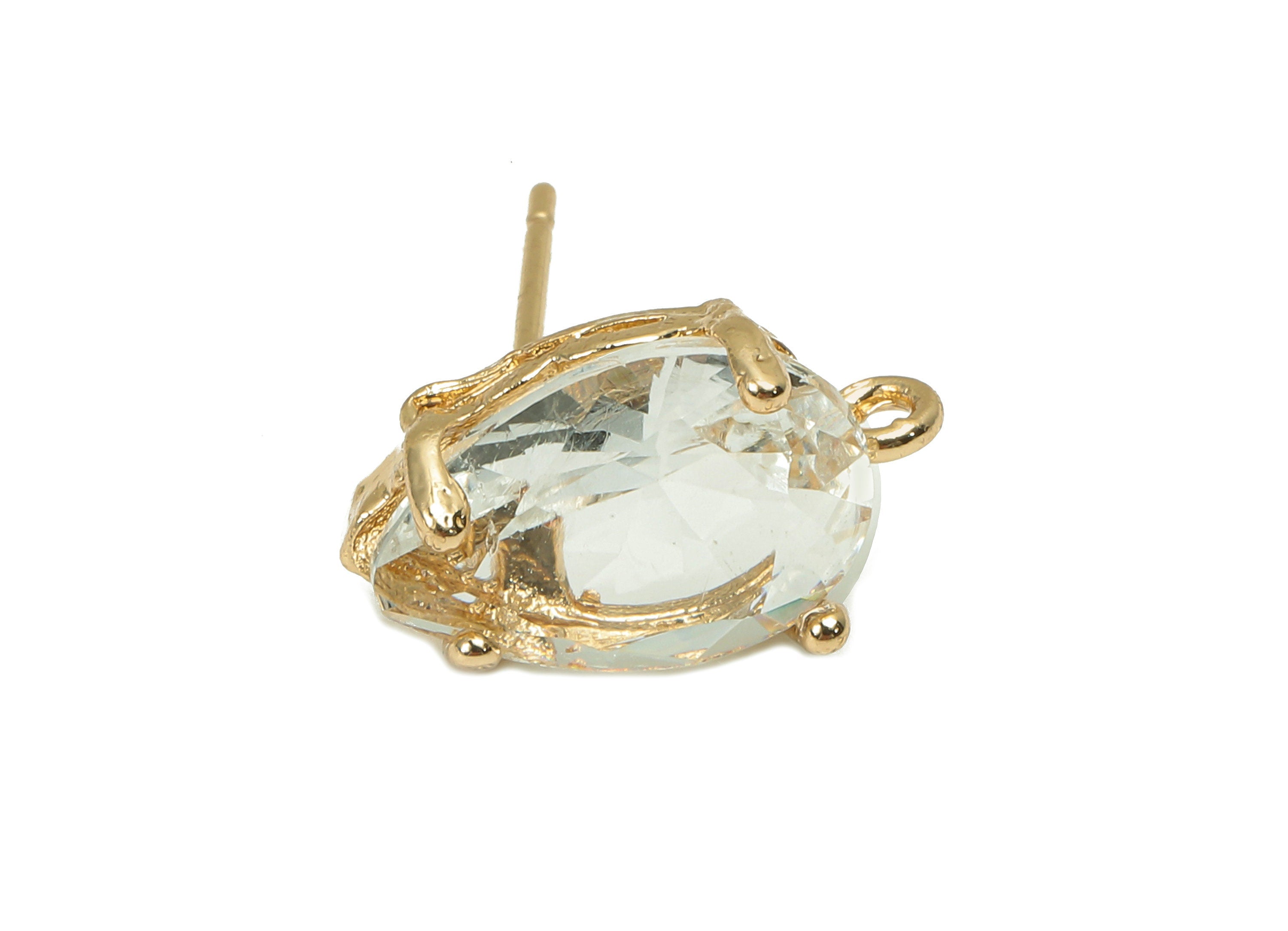 Brass Frame Transparent Drop Stud Earring - Faceted Clear Teardrop Glass With Loop - Silver Stud - Gold Tone Plating - 14.6x8.4x5mm -GS1158A - DOMEDBAZAAR