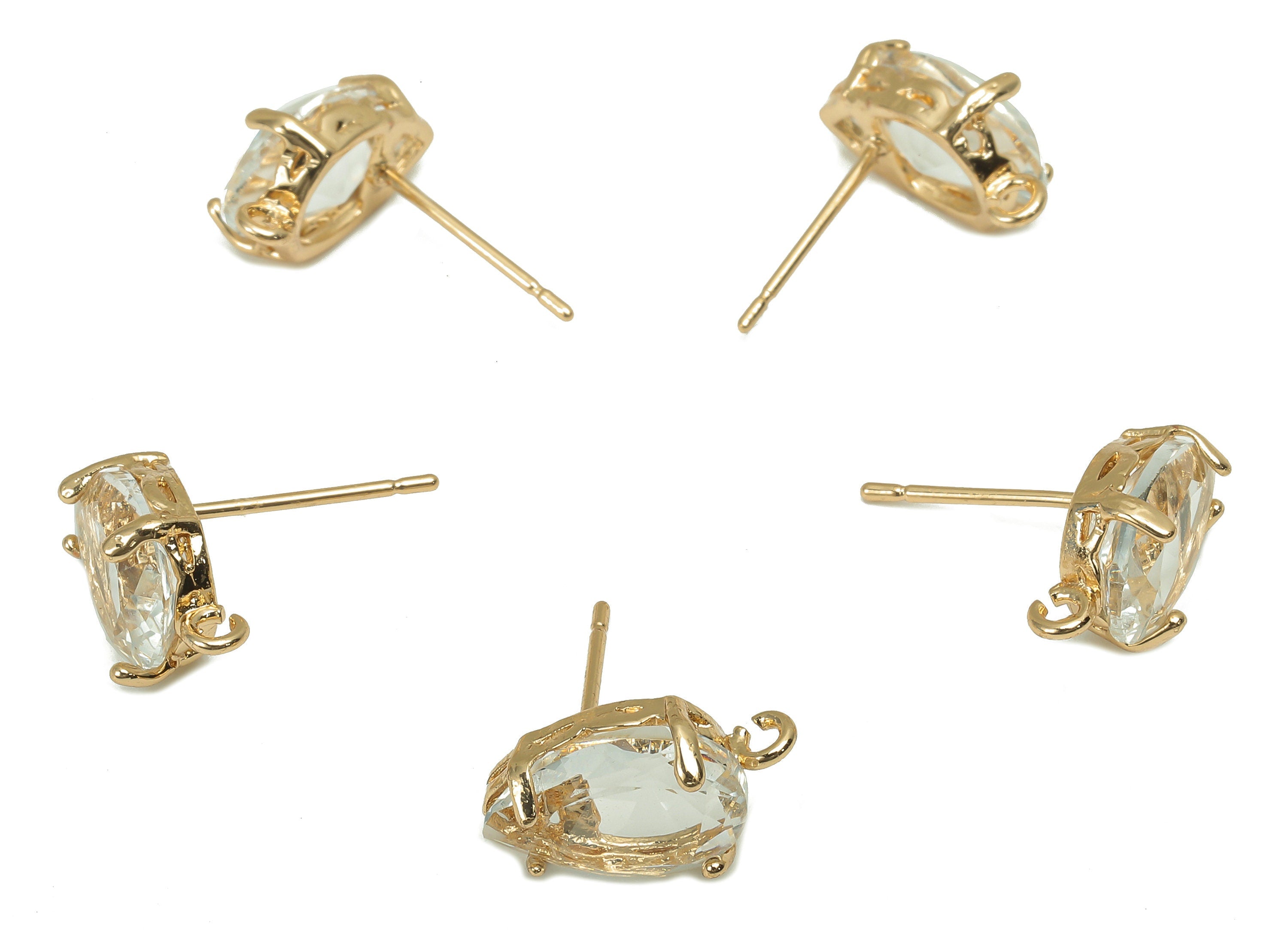 Brass Frame Transparent Drop Stud Earring - Faceted Clear Teardrop Glass With Loop - Silver Stud - Gold Tone Plating - 14.6x8.4x5mm -GS1158A - DOMEDBAZAAR