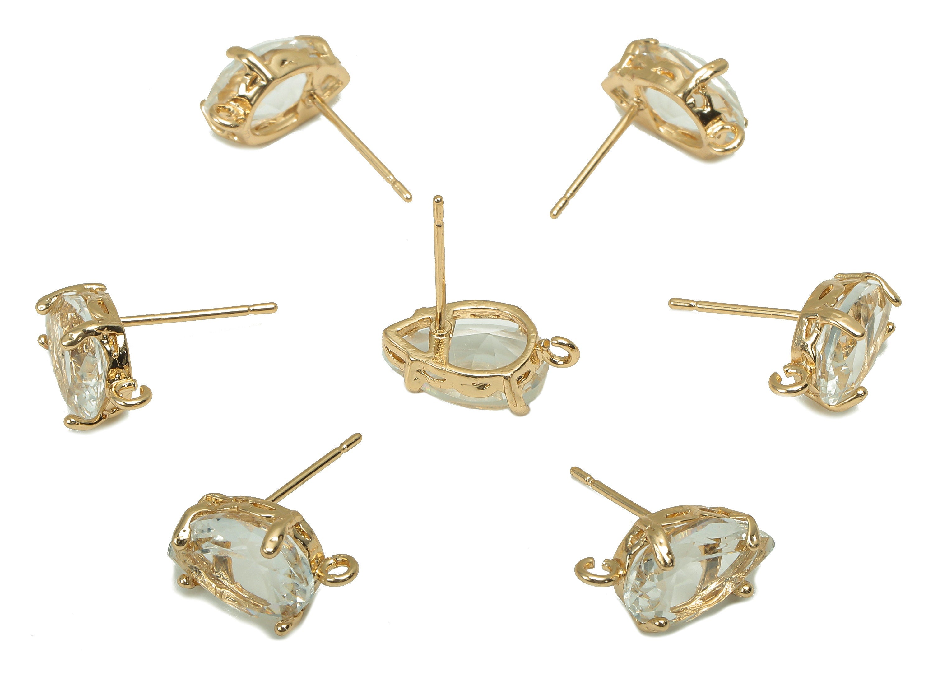 Brass Frame Transparent Drop Stud Earring - Faceted Clear Teardrop Glass With Loop - Silver Stud - Gold Tone Plating - 14.6x8.4x5mm -GS1158A - DOMEDBAZAAR