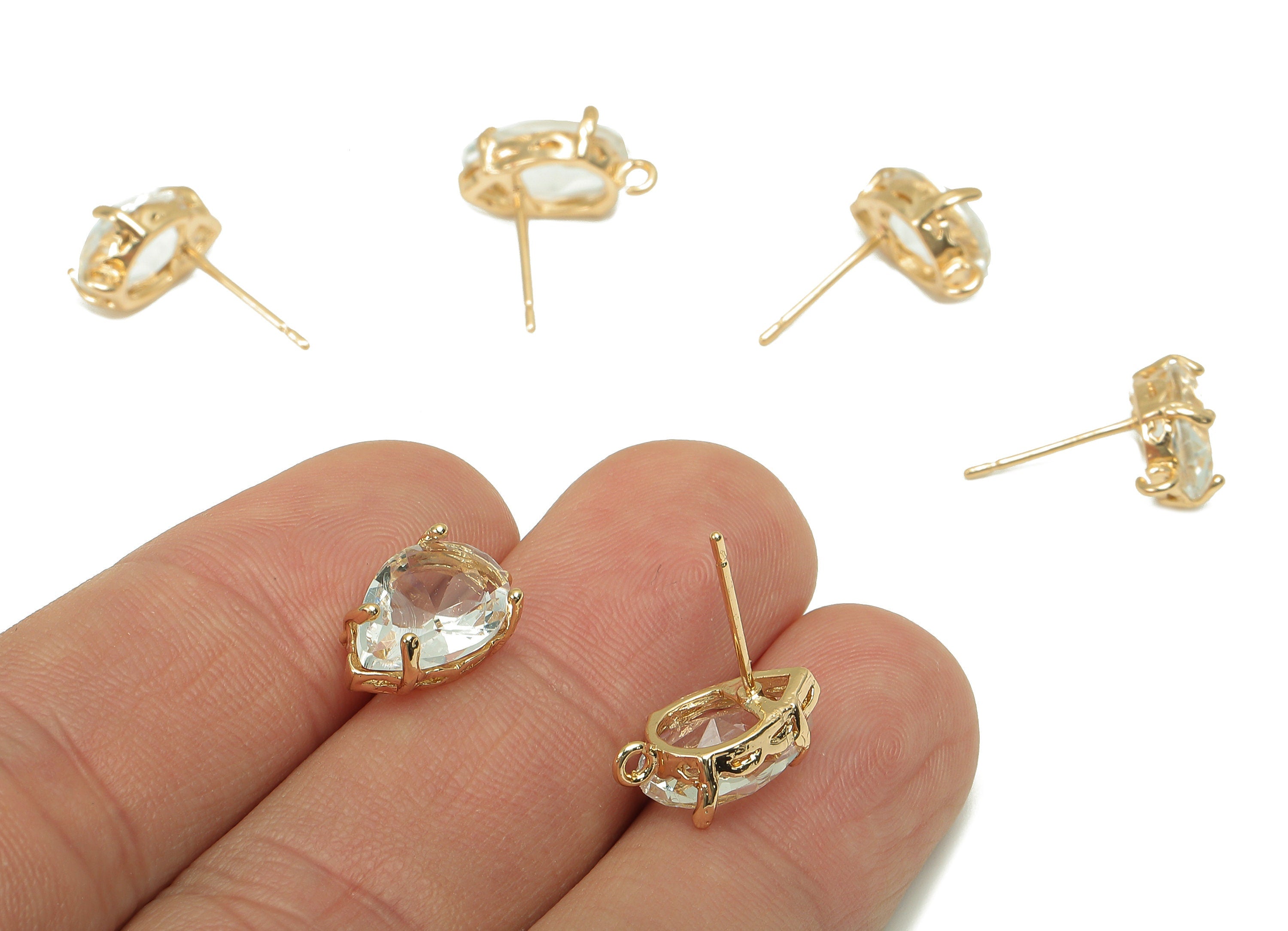 Brass Frame Transparent Drop Stud Earring - Faceted Clear Teardrop Glass With Loop - Silver Stud - Gold Tone Plating - 14.6x8.4x5mm -GS1158A - DOMEDBAZAAR