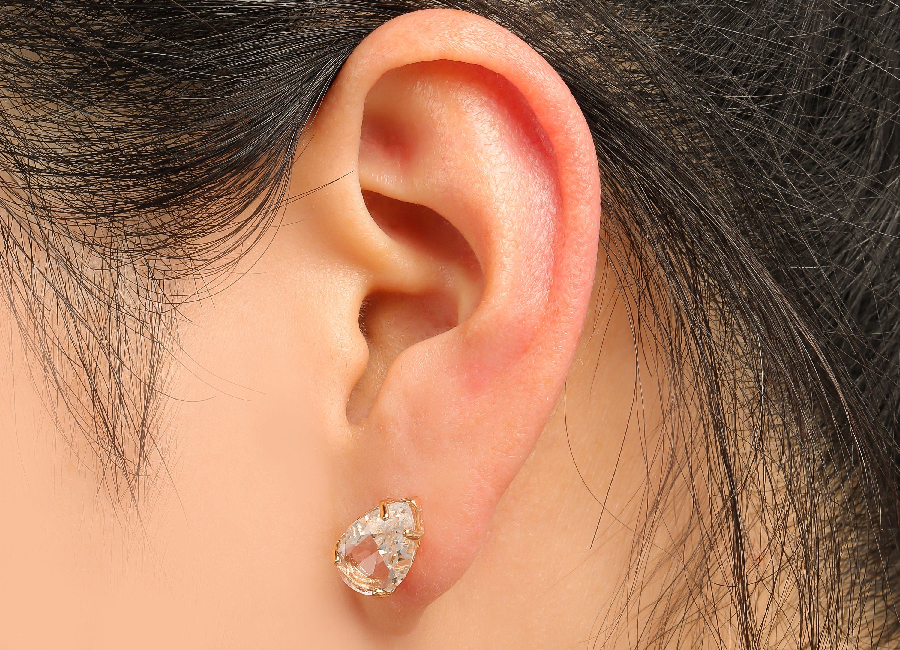 Brass Frame Transparent Drop Stud Earring - Faceted Clear Teardrop Glass With Loop - Silver Stud - Gold Tone Plating - 14.6x8.4x5mm -GS1158A - DOMEDBAZAAR
