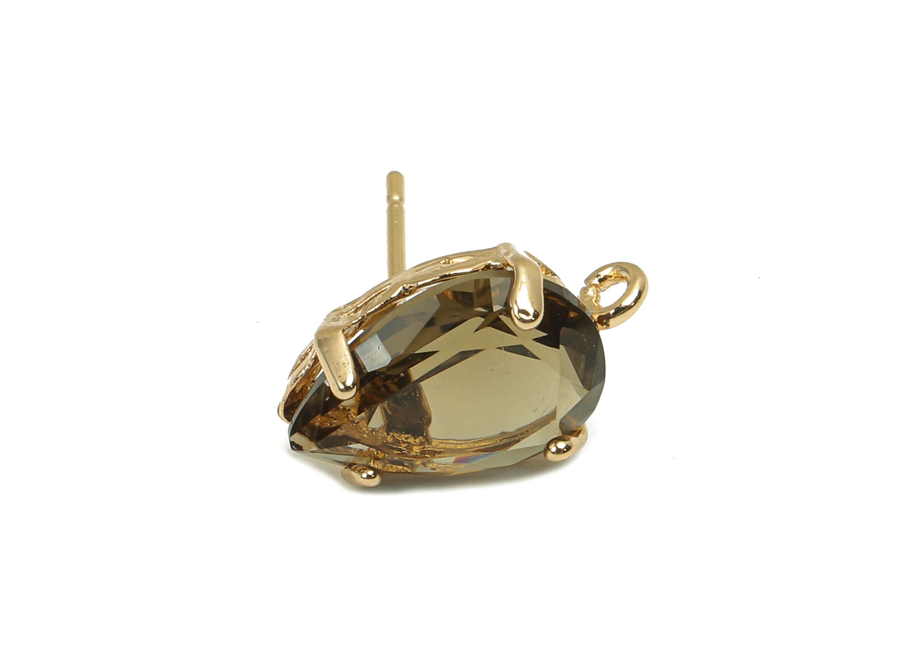 Brass Frame Drop Stud Earring - Faceted Clear Black Teardrop Glass With Loop - Silver Stud - Gold Tone Plating - 14.6x8.4x5mm -GS1158B - DOMEDBAZAAR