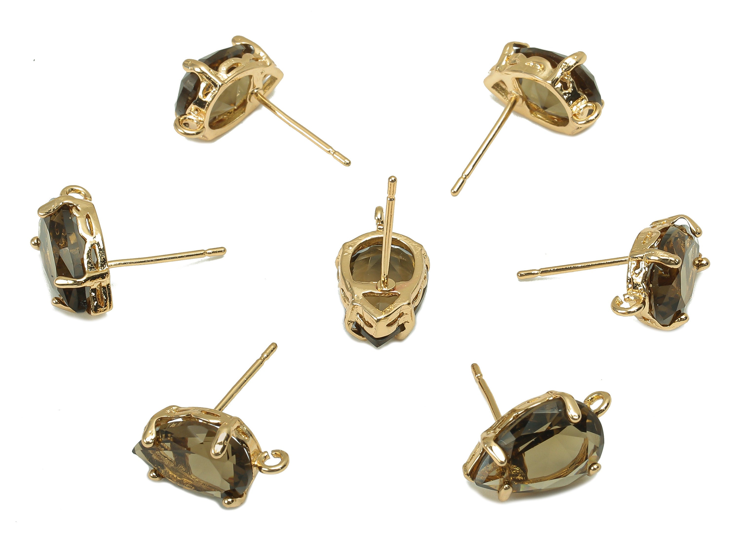 Brass Frame Drop Stud Earring - Faceted Clear Black Teardrop Glass With Loop - Silver Stud - Gold Tone Plating - 14.6x8.4x5mm -GS1158B - DOMEDBAZAAR