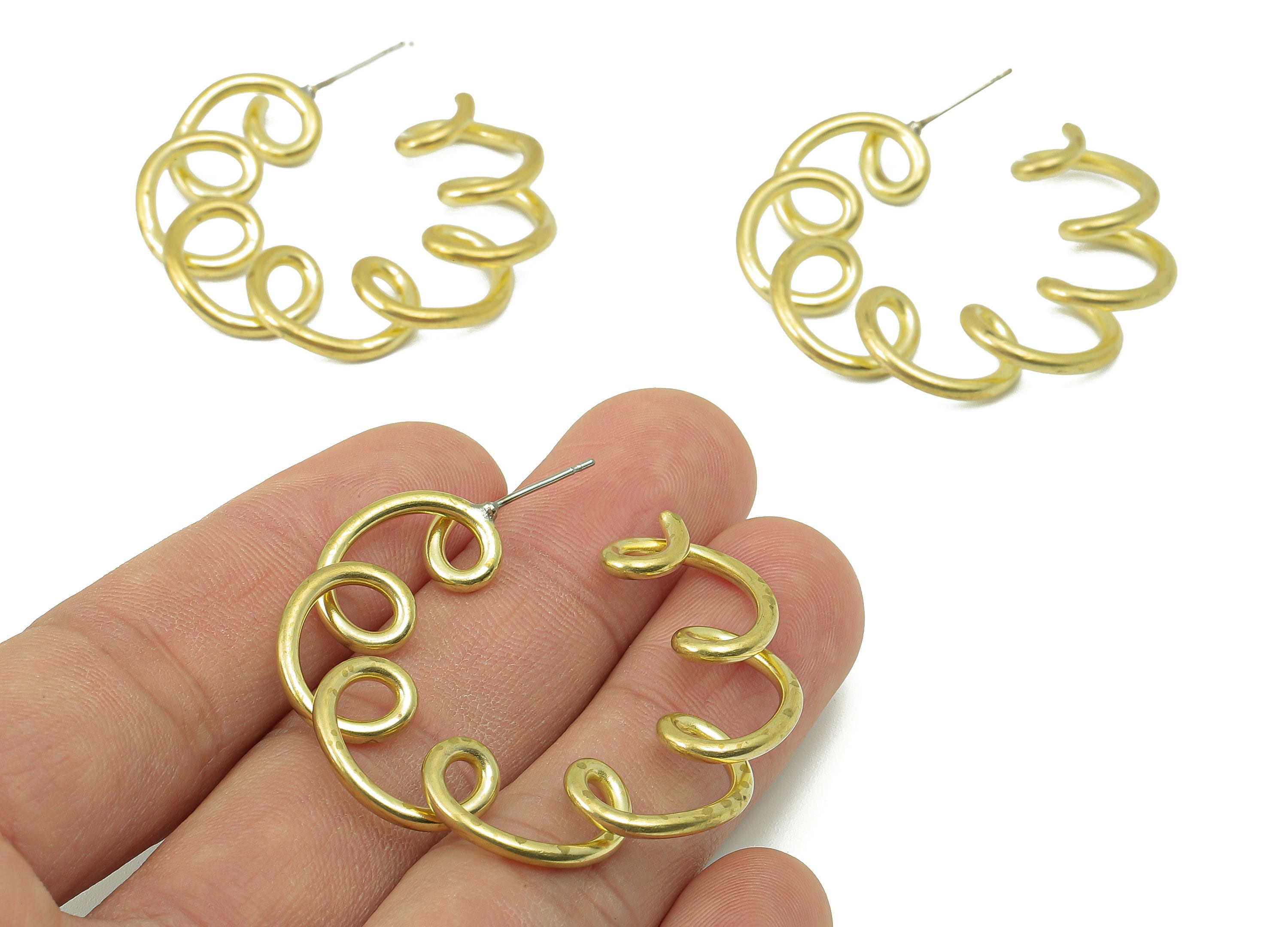 Brass Spiral Open Hoop Stud Earring - Raw Brass Wavy C Earring Post - Wavy Earring Stud - 316 Stainless Steel - 44.1x42.15x1.9mm - PP8212 - DOMEDBAZAAR